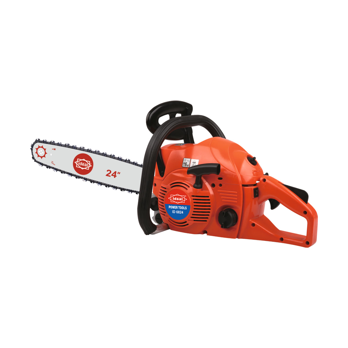Red chainsaw on a white background