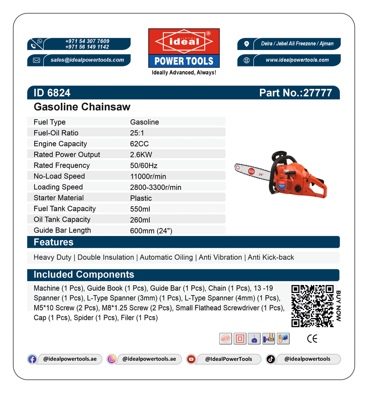Product label for Ideal Power Tools gasoline chainsaw with specifications and features.