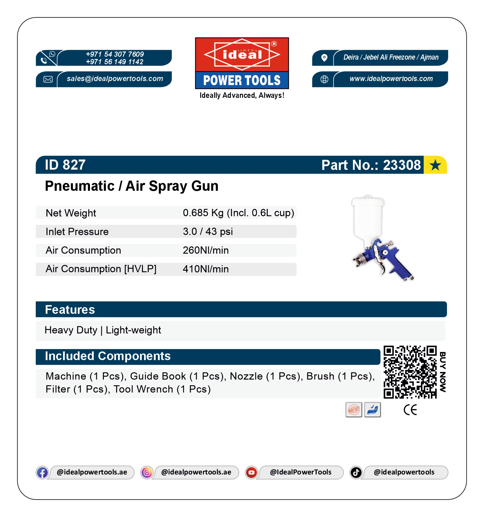 Product card for a pneumatic air spray gun with specifications and branding details.