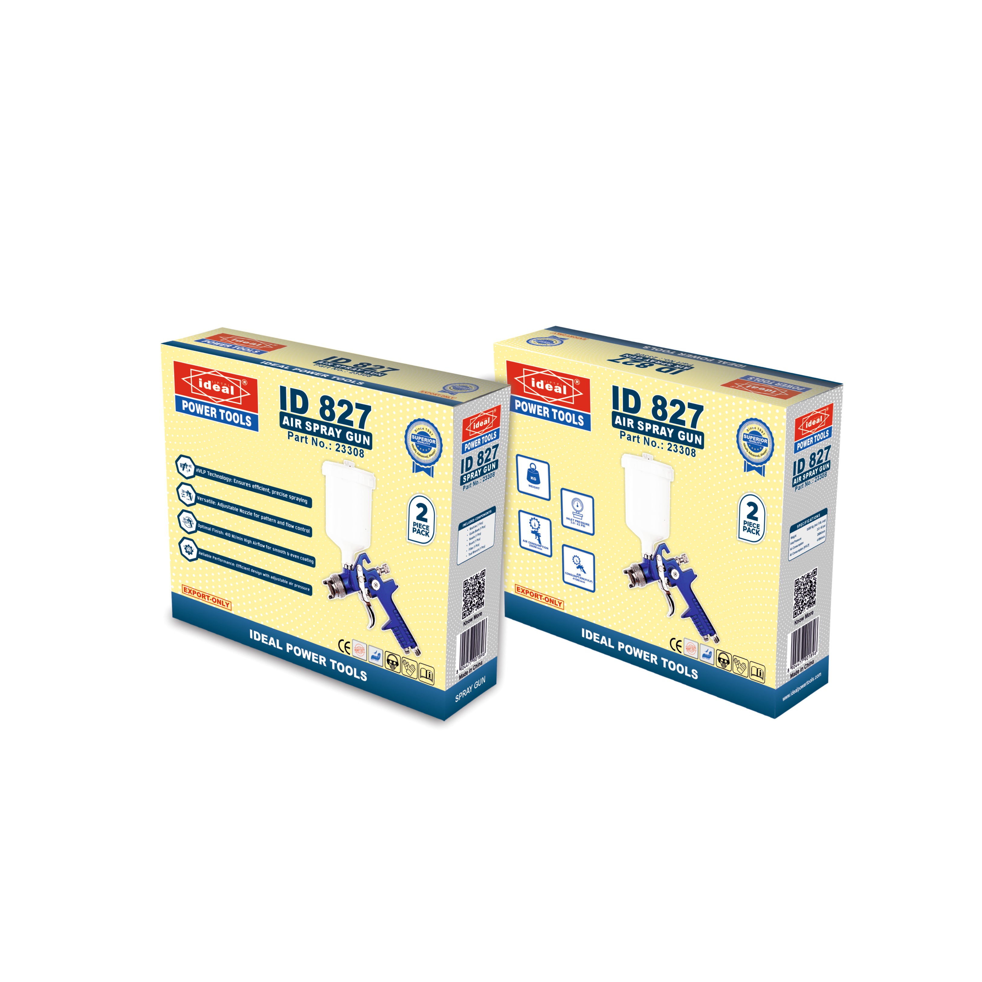 Two boxes of Ideal Power Tools ID 827 air spray gun on a white background