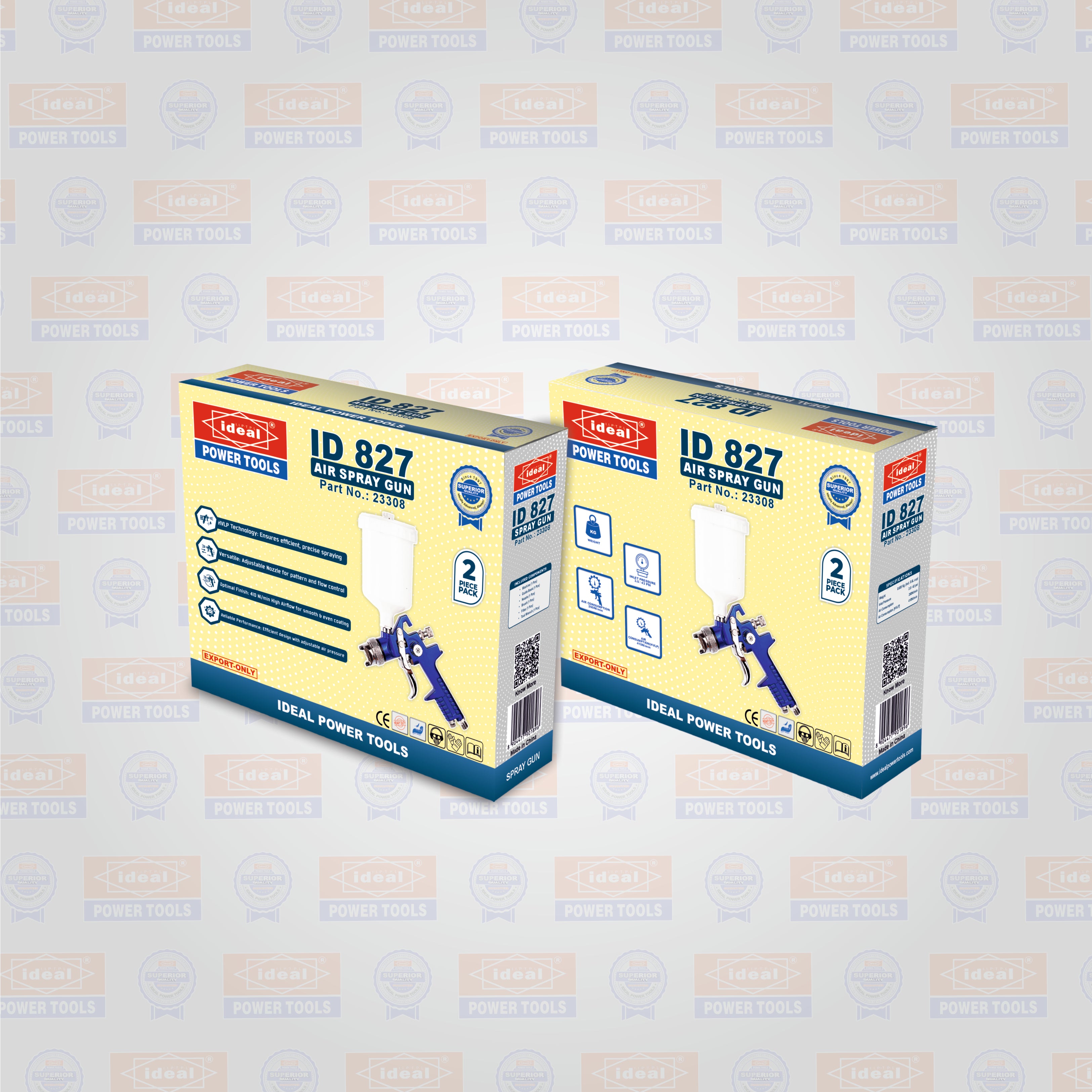 Two boxes of Ideal Power Tools ID 827 air spray gun on a light gray background.