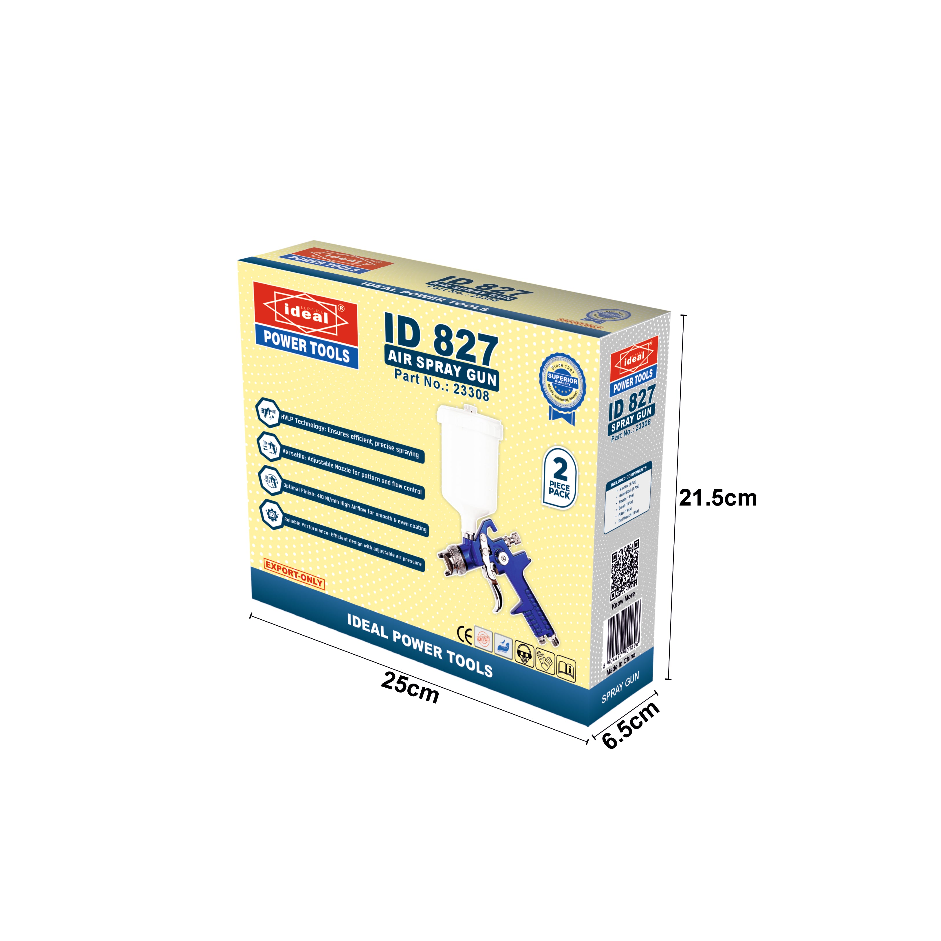 Box of Ideal Power Tools ID 827 Air Spray Gun with dimensions on a white background