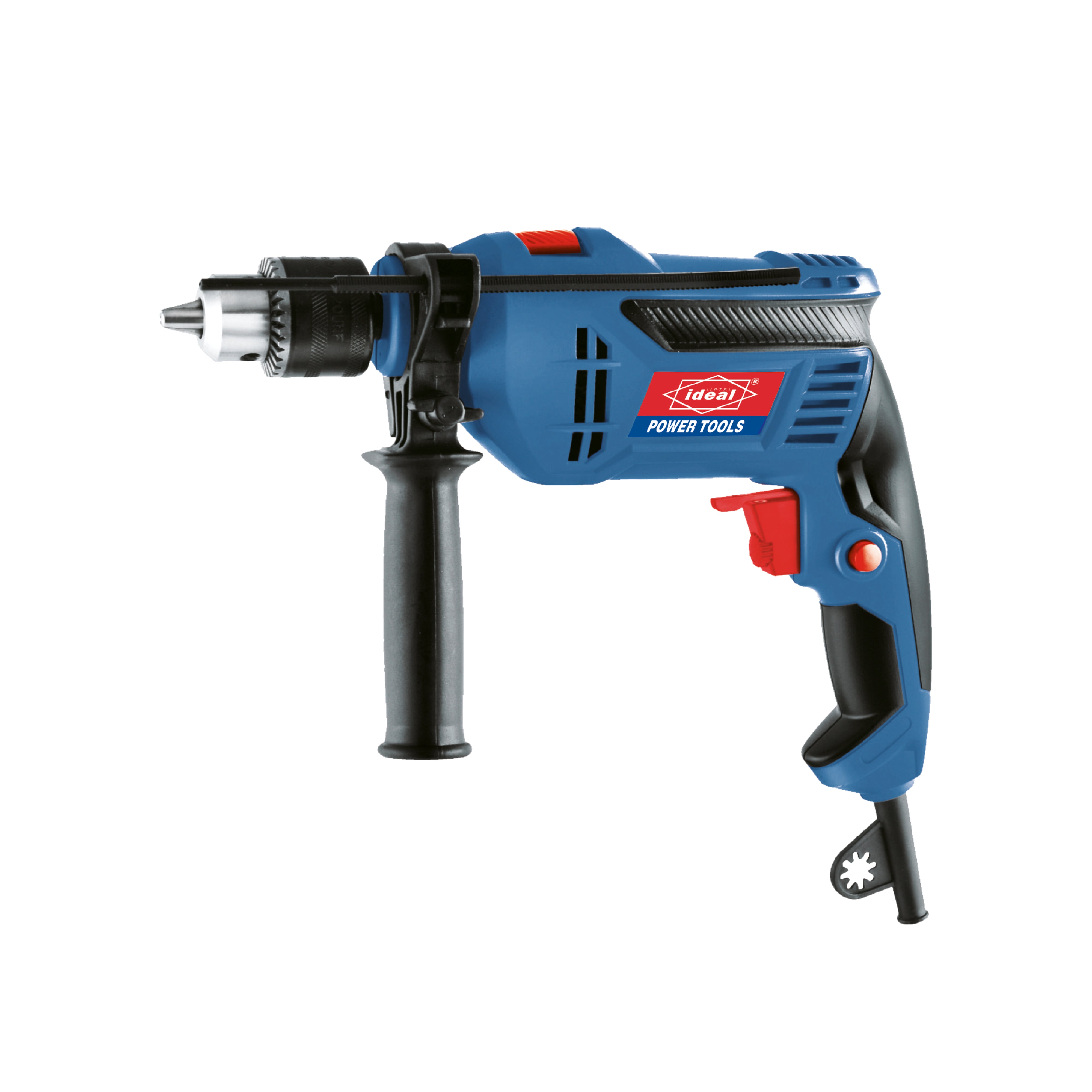 Blue and black ID 850RF drill with red accents on a white background
