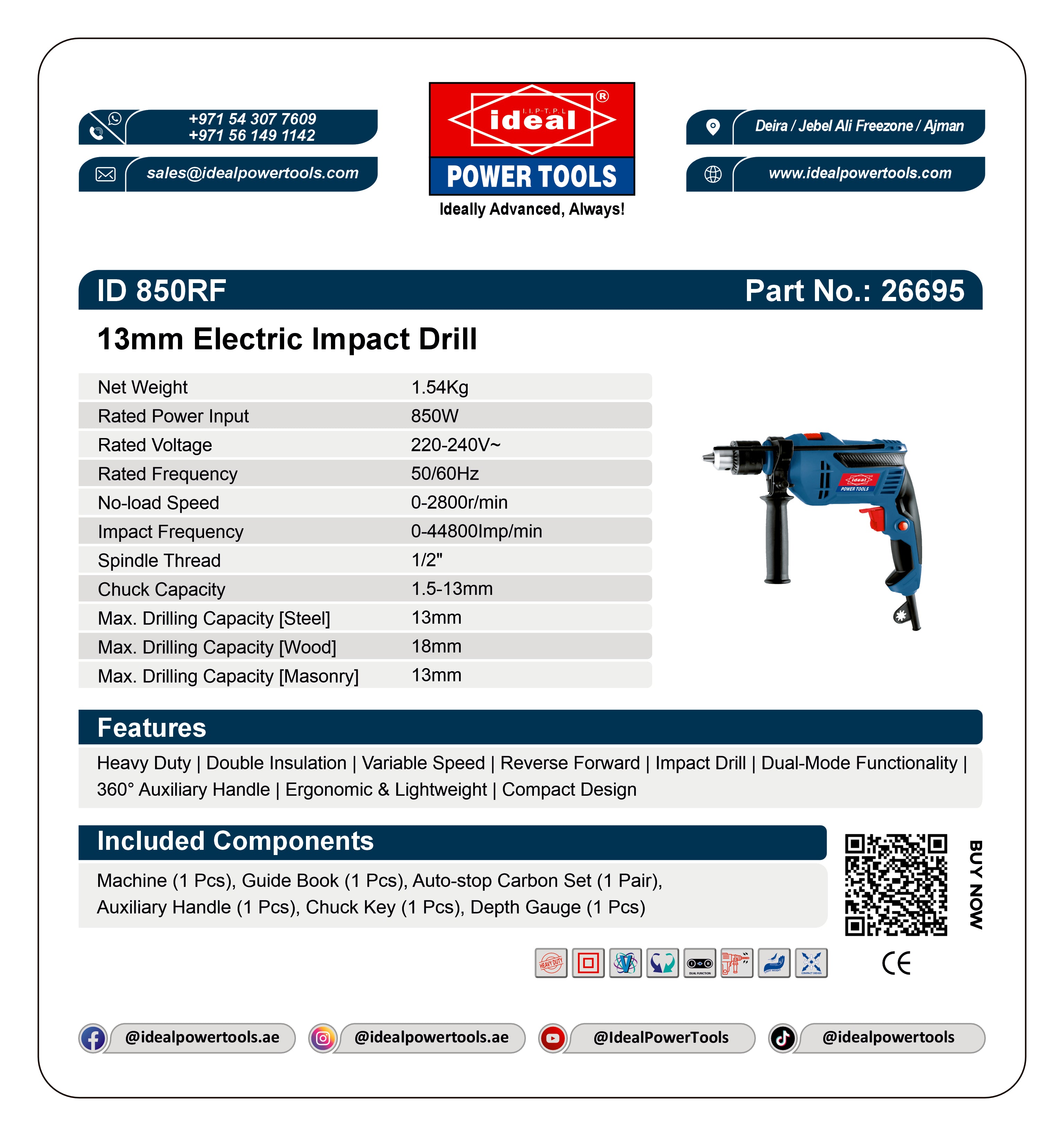 Product label for 13mm Electric Impact Drill ID 850RF with Ideal Power Tools branding and specifications.