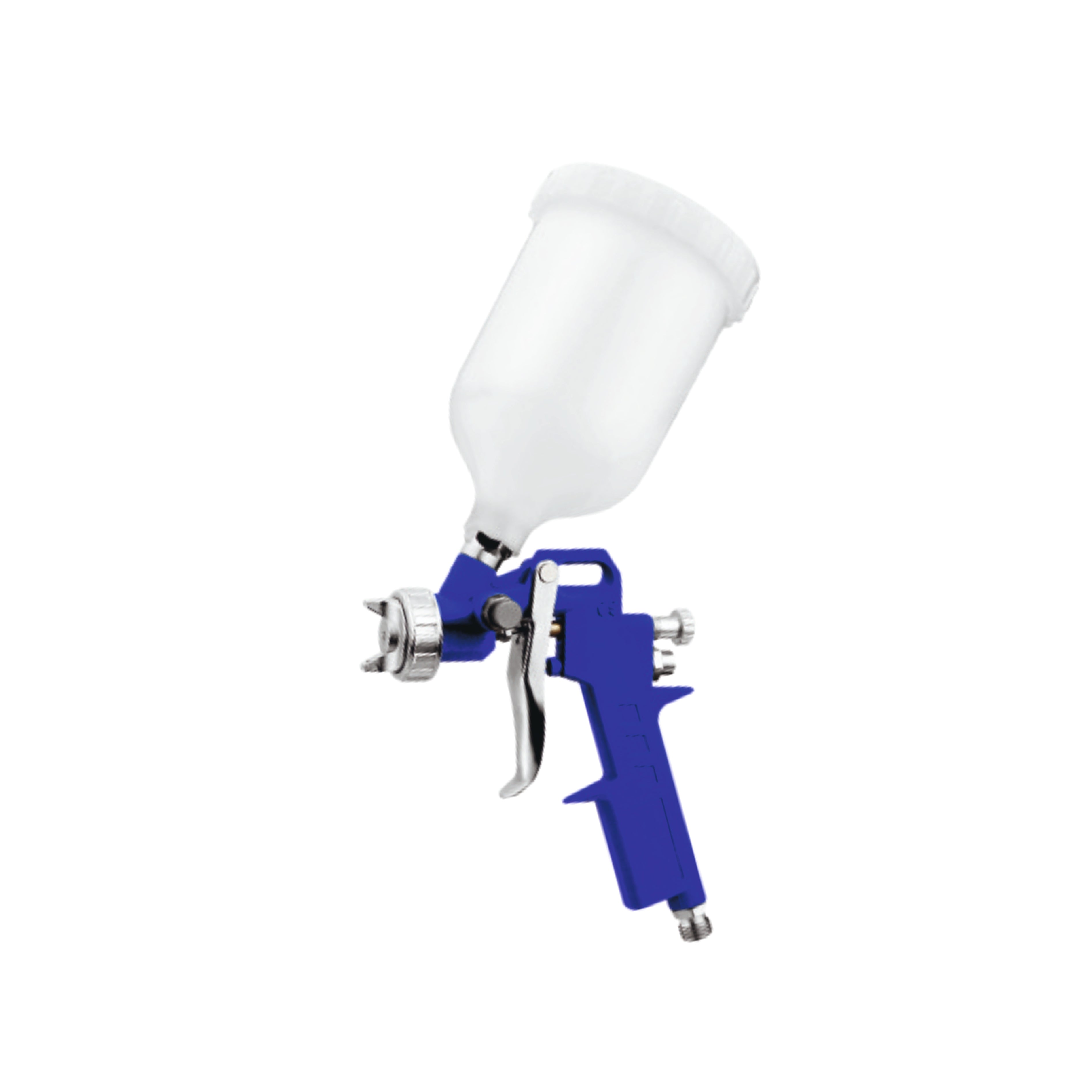 Blue spray gun with white nozzle on a white background
