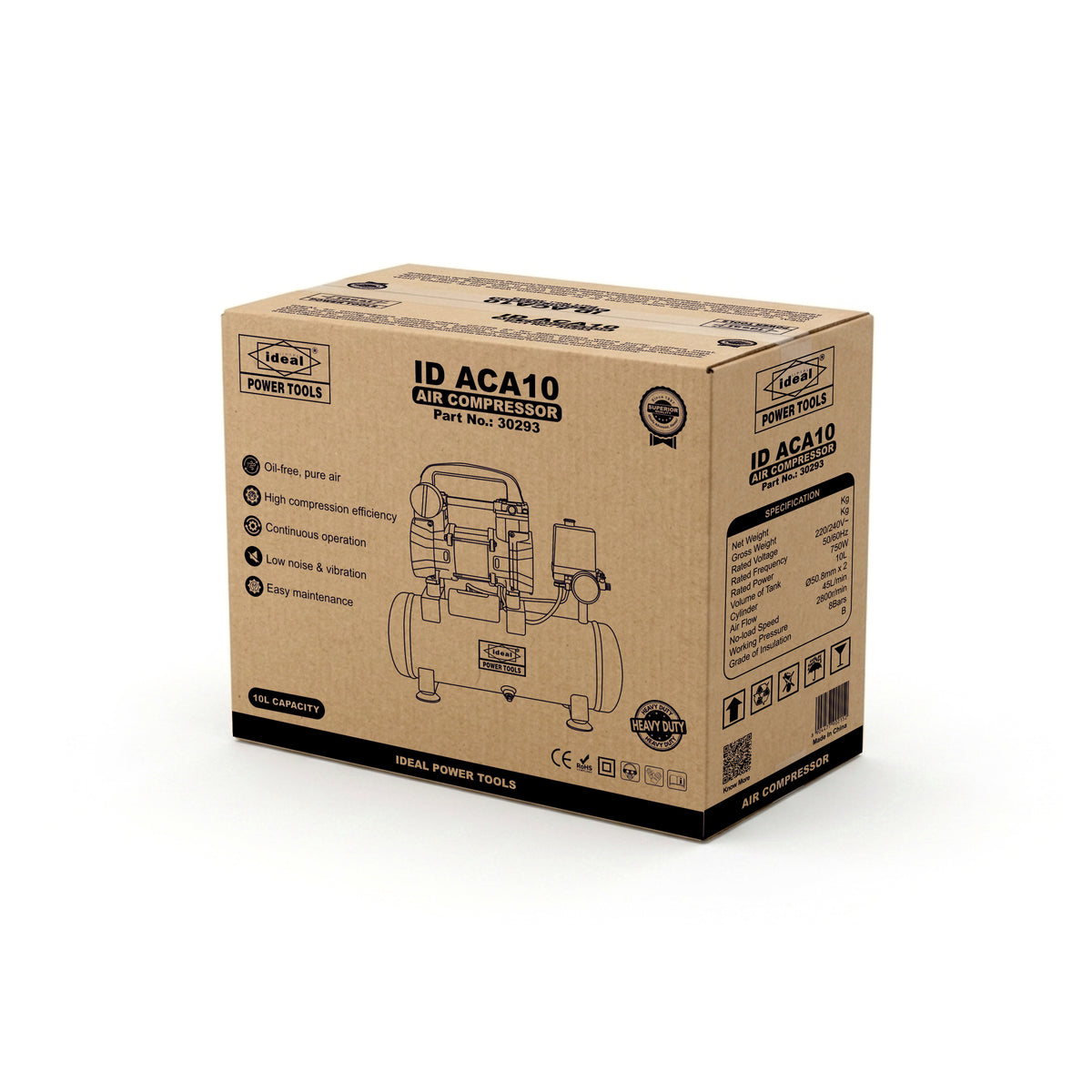 Cardboard box packaging of an ID ACA10 air compressor with brand logo and product details.