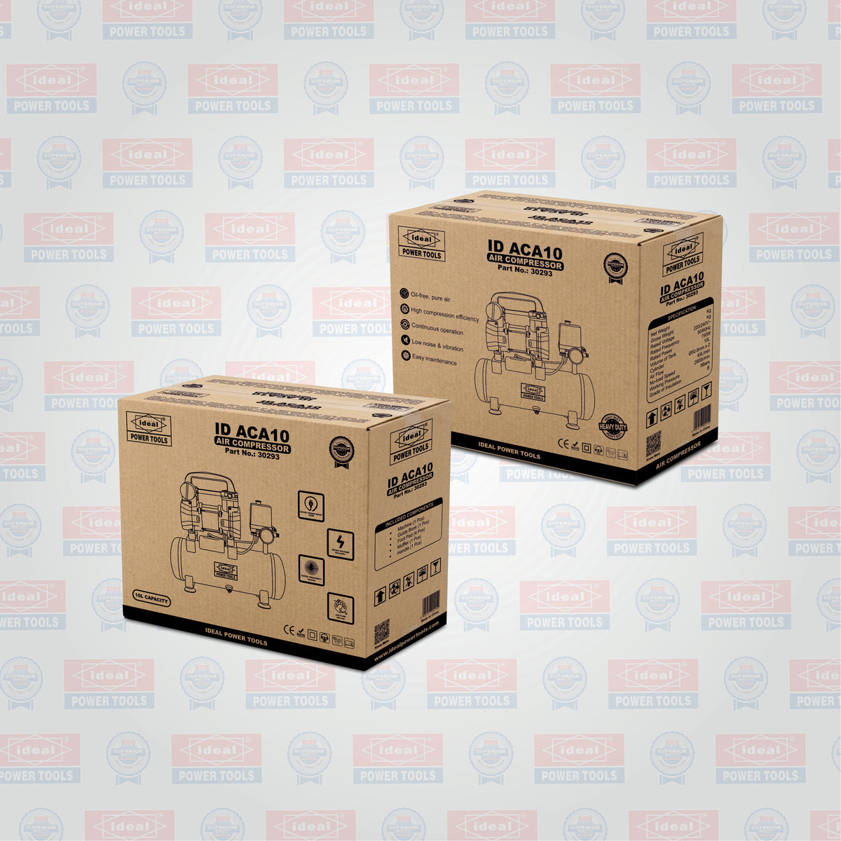 Two cardboard boxes of air compressor with product details on a branded background