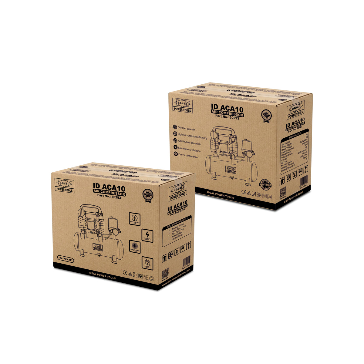 Two cardboard boxes with an air compressor graphic and text on a white background