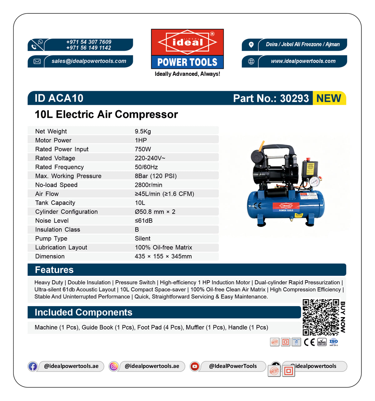 Product card of a 10L Electric Air Compressor with specifications and branding details.