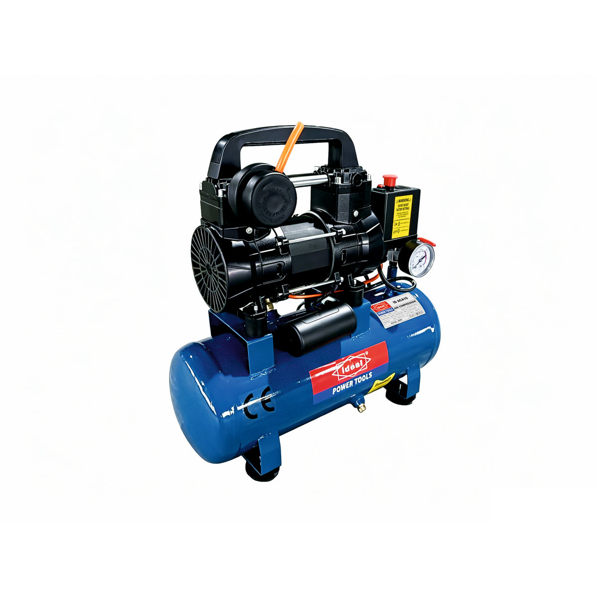 Side view of blue air compressor with visible brand logo on a white background