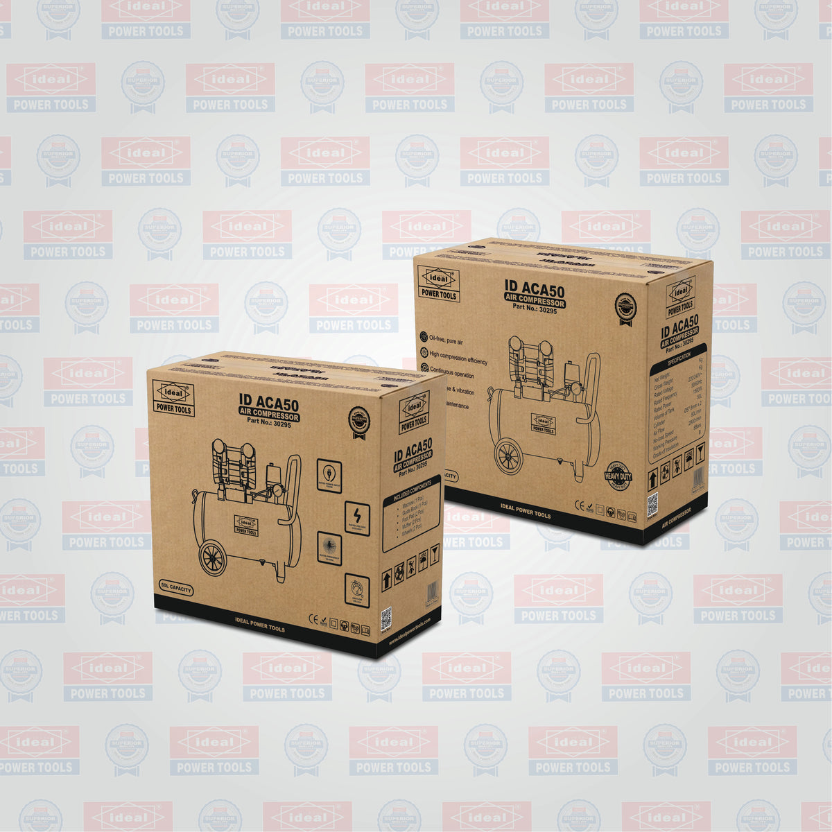 Two cardboard boxes with air compressor illustrations on a branded background
