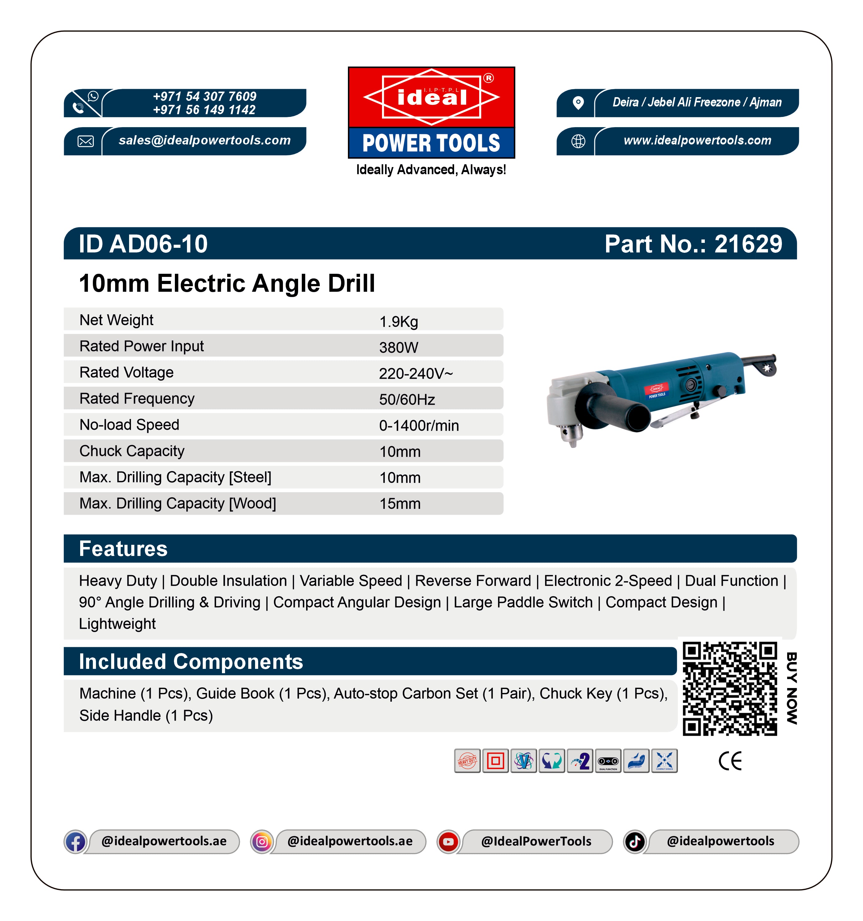 Product card for 10mm Electric Angle Drill (ID AD06-10) with specifications and branding details.