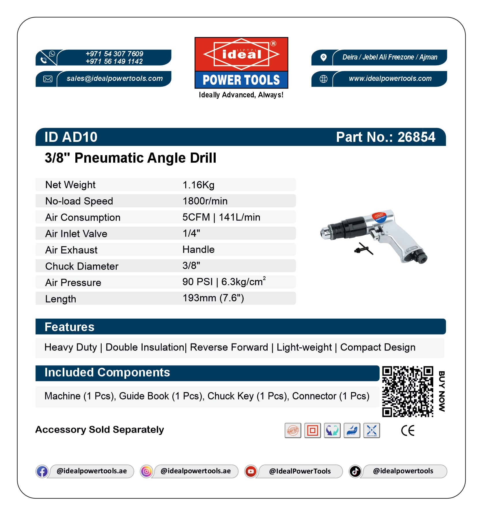 Product card for 3/8" Pneumatic Angle Drill with specifications and branding details.