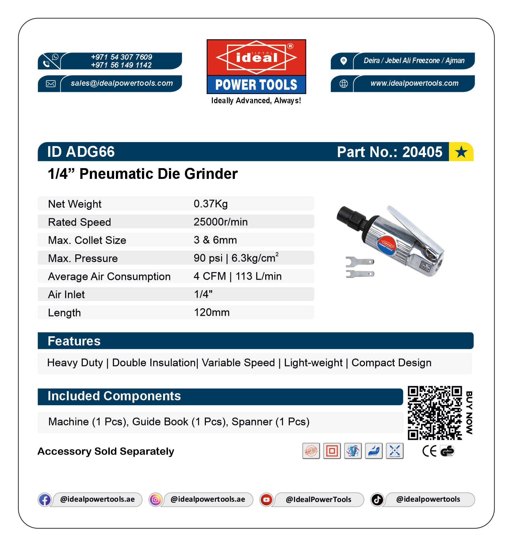 Product label for Pneumatic Die Grinder ID ADG66 with specifications and branding details.