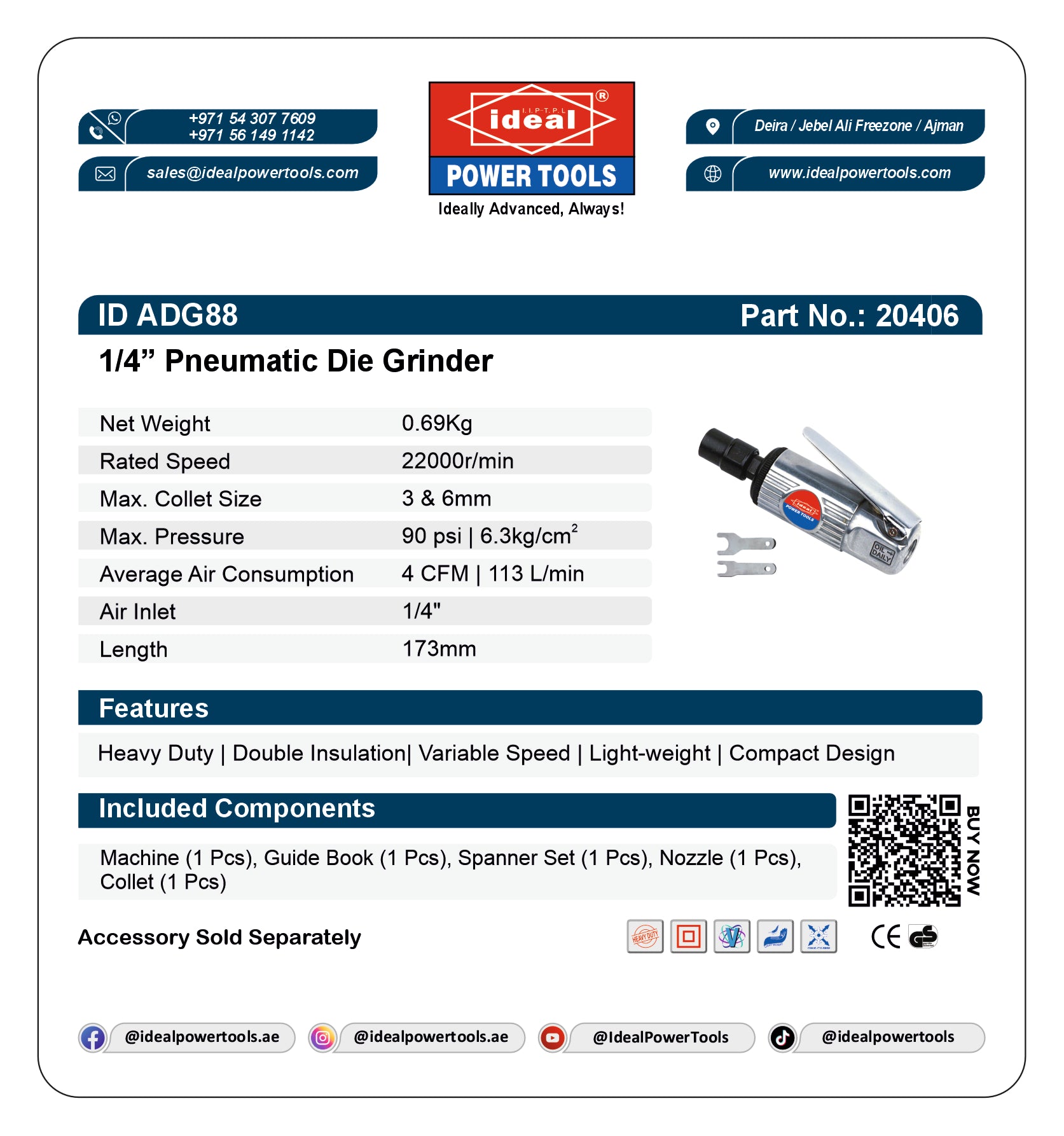 Product label for 1/4" Pneumatic Die Grinder ID ADG88 with specifications and branding details.