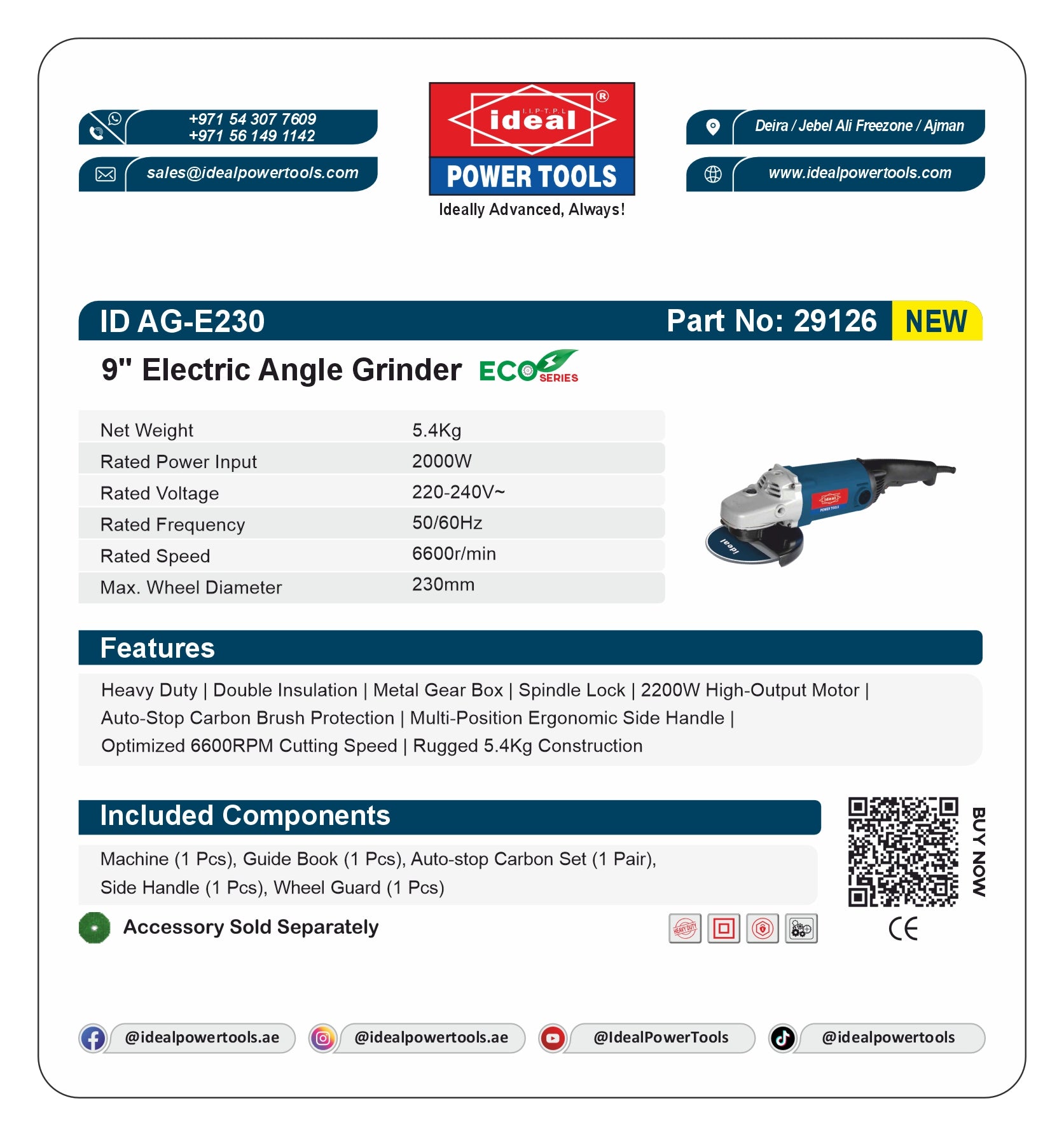 Product label for 9” Electric Angle Grinder ID AG-E230 with specifications and branding details.