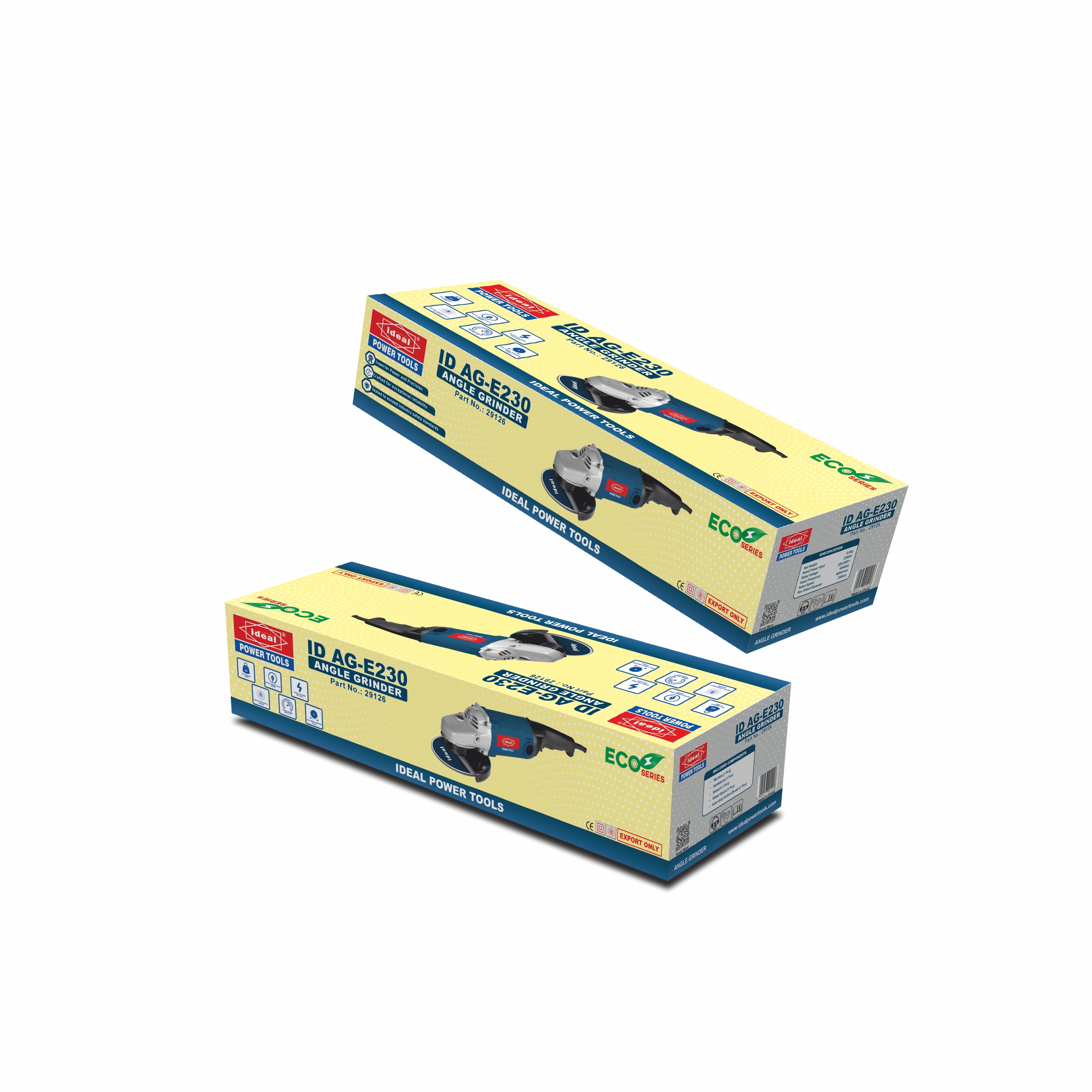 Two boxes of ID AG-E230 angle grinder with visible branding on a white background