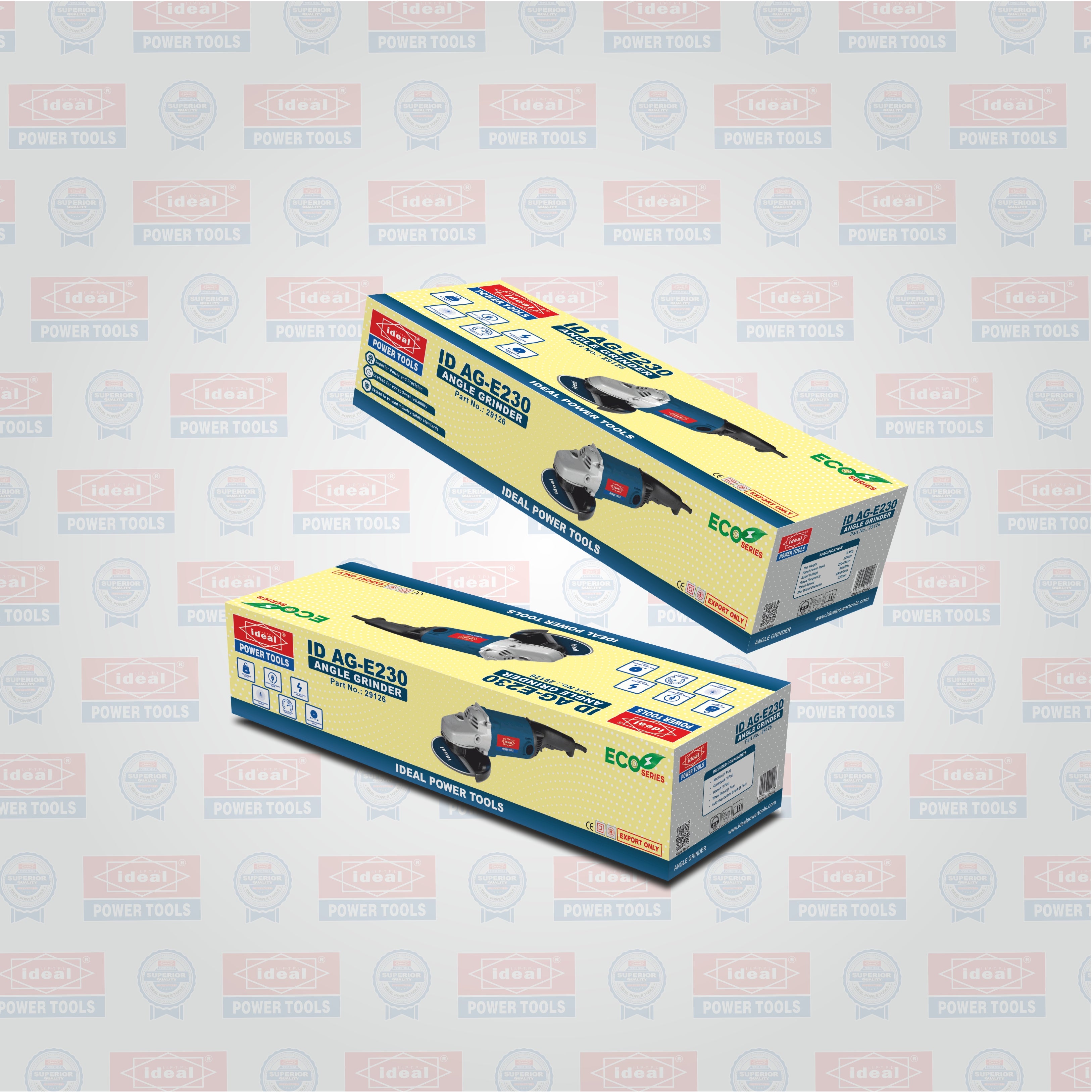 Two boxes of ID AG-E230 angle grinder on a light gray background with brand logos.