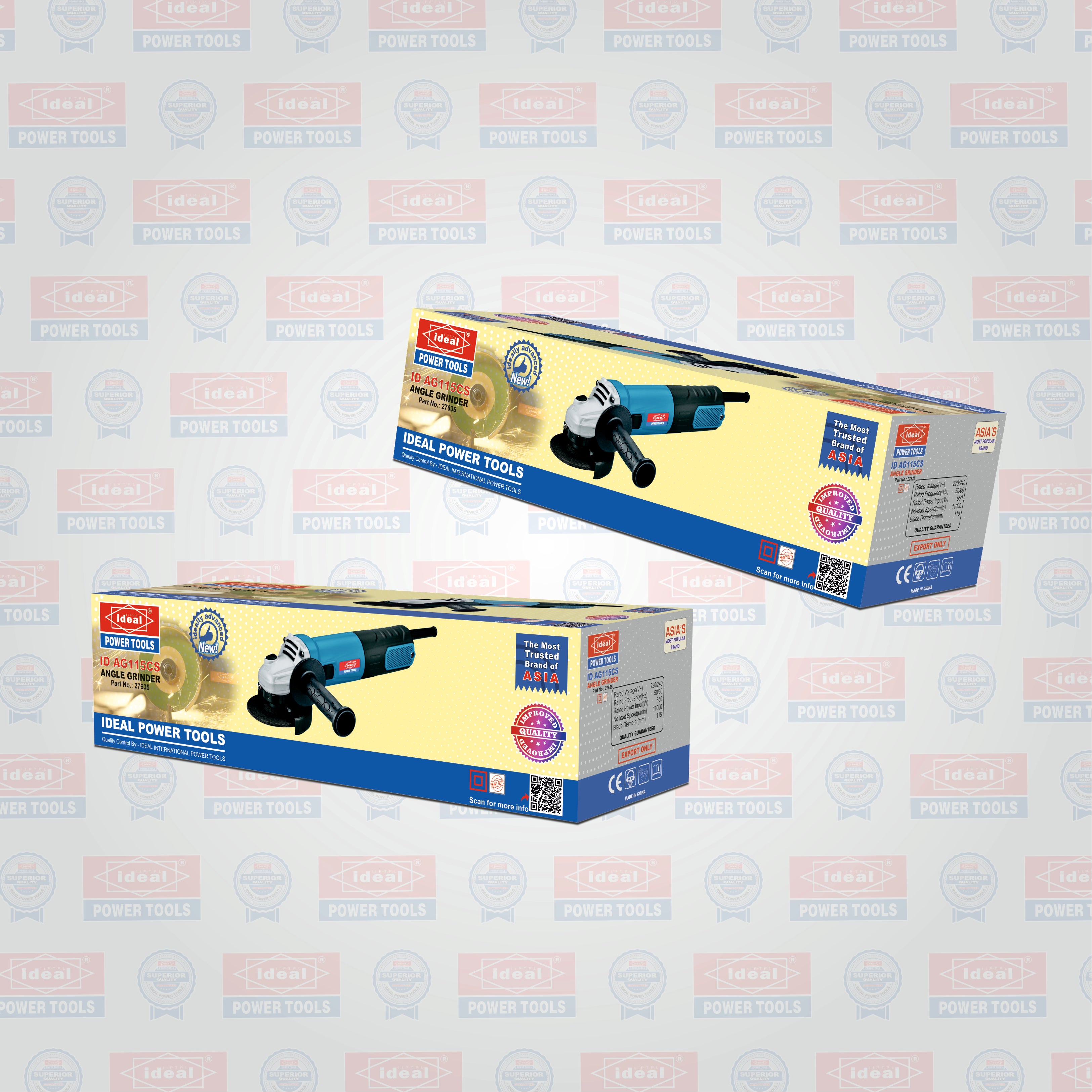 Two boxes of angle grinder tool set by Ideal Power Tools, displayed diagonally against a light gray background with a faint repeating watermark pattern.