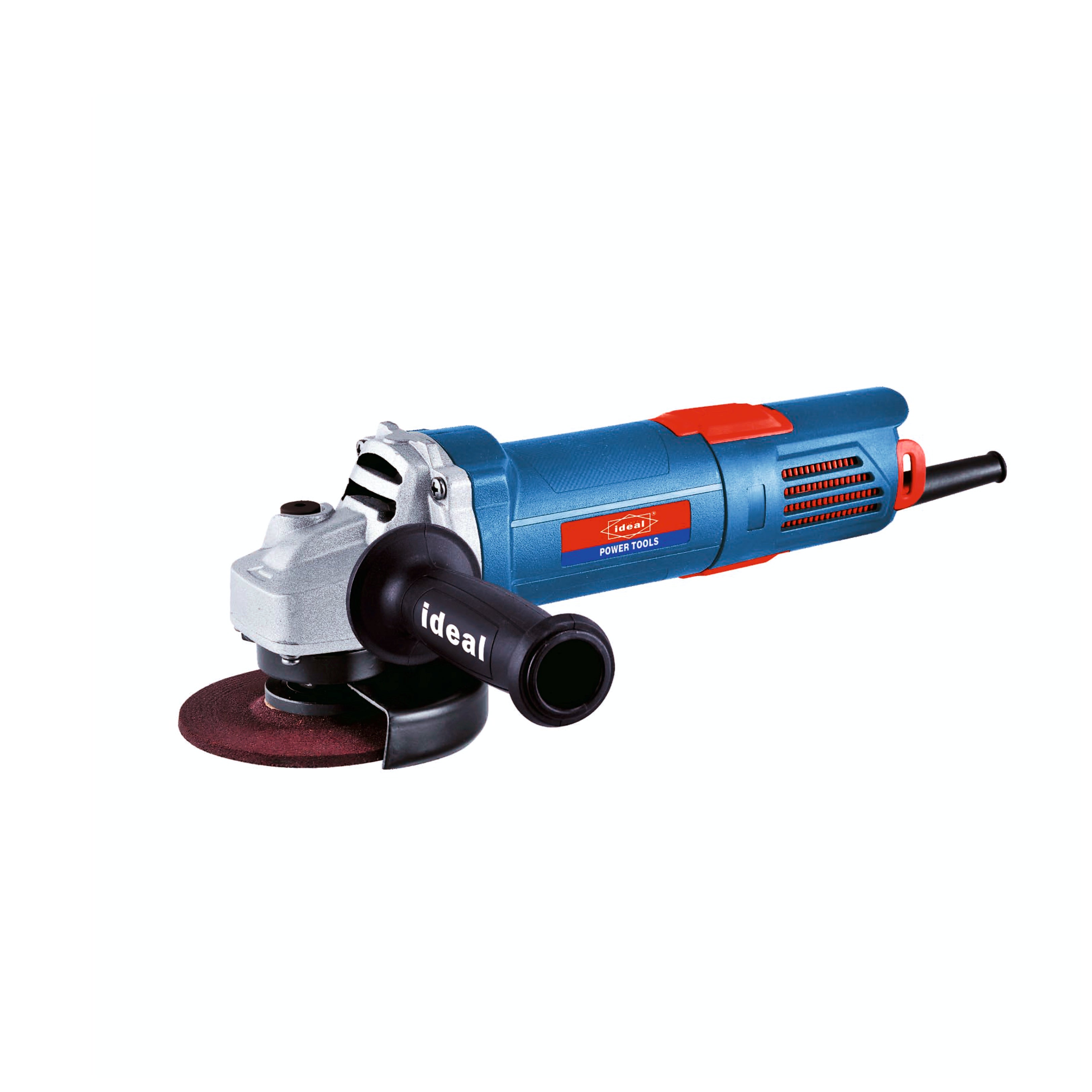An angle grinder with a blue and red body, a silver metal head, a black handle, and a red abrasive disc, shown on a plain white background.
