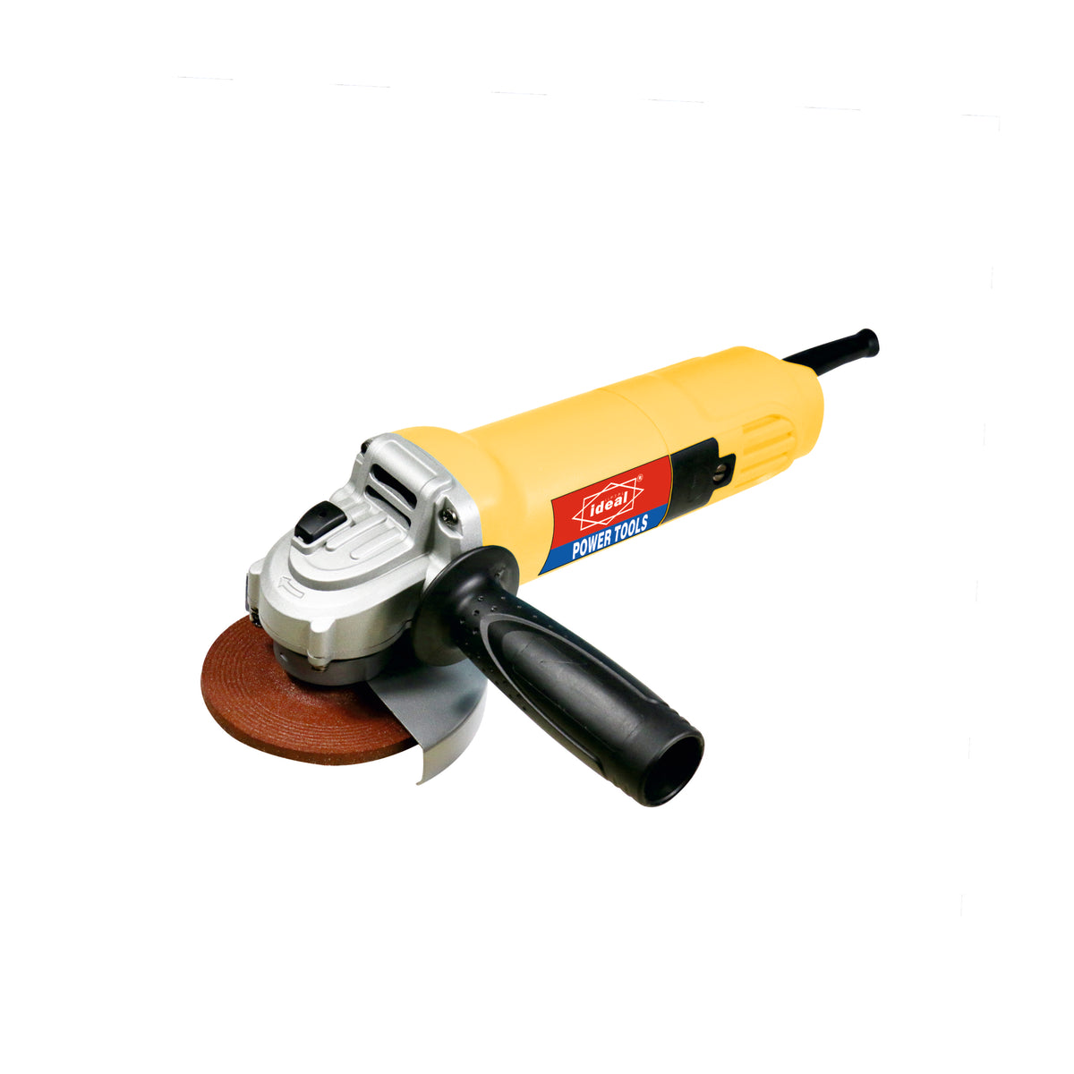 A yellow and silver angle grinder with a black handle and a brown abrasive disc, shown on a plain white background. The brand label on the body reads 'Ideal' and 'POWER TOOLS'.