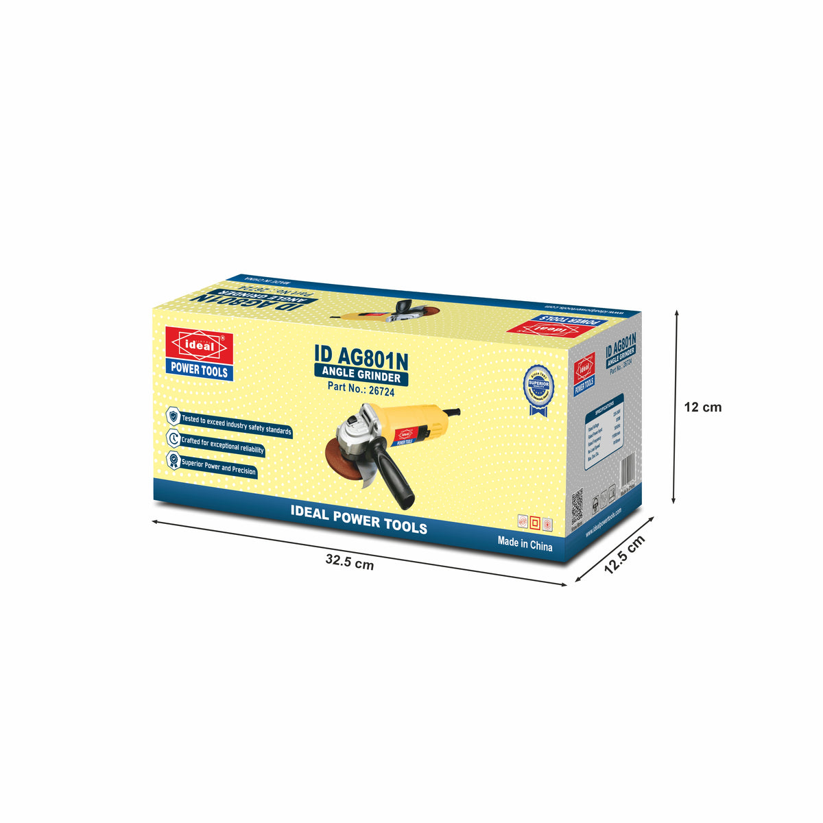 Box of Ideal Power Tools angle grinder ID AG801N with dimensions on a white background