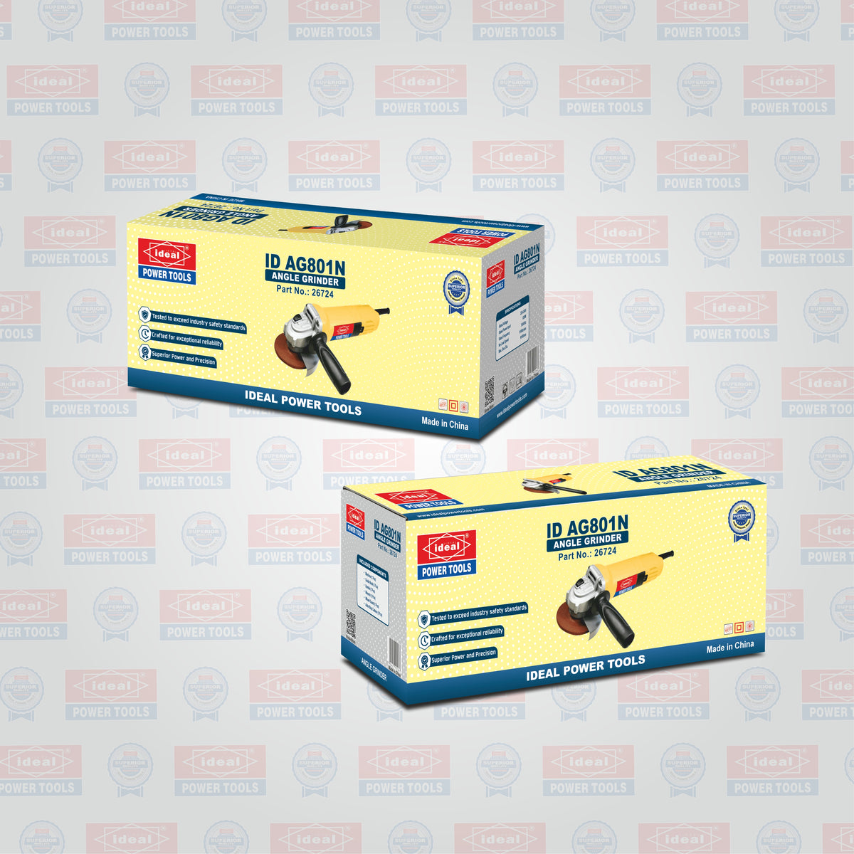 Two boxes of IDEAL Power Tools angle grinder ID AG801N on a light gray background with brand logos.