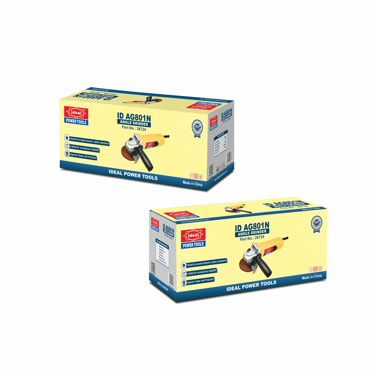 Two boxes of Ideal Power Tools angle grinder ID AG801N on a white background