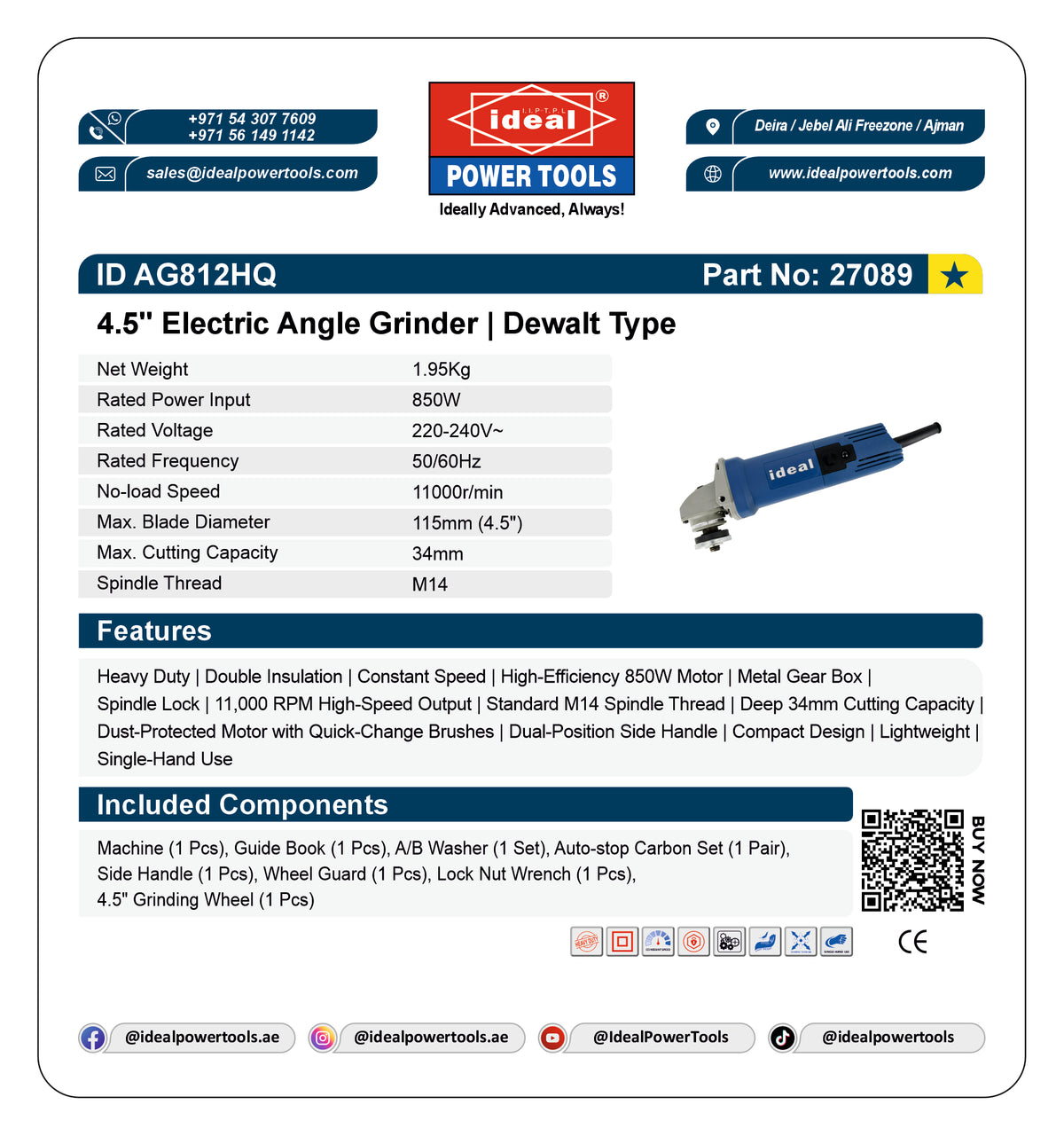 A product specification and components list card for an Ideal Power Tools 4.5-inch Electric Angle Grinder | Dewalt Type, showing technical specs, features, included components, and a QR code on a white background.