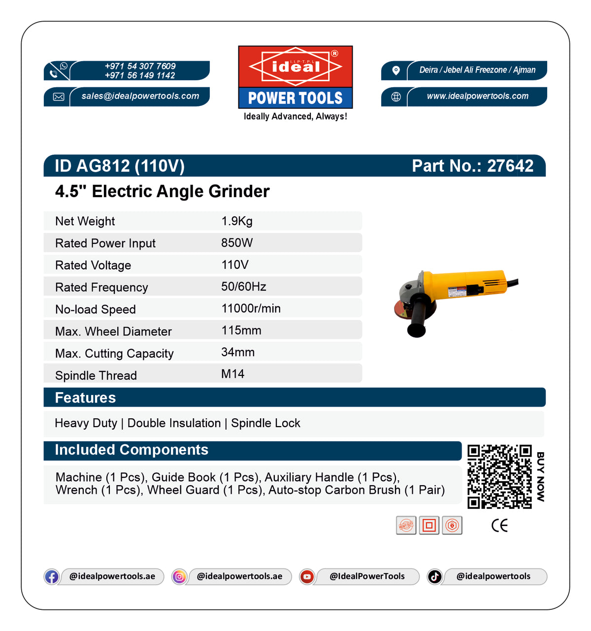 Product label for 4.5-inch electric angle grinder with specifications and branding details.