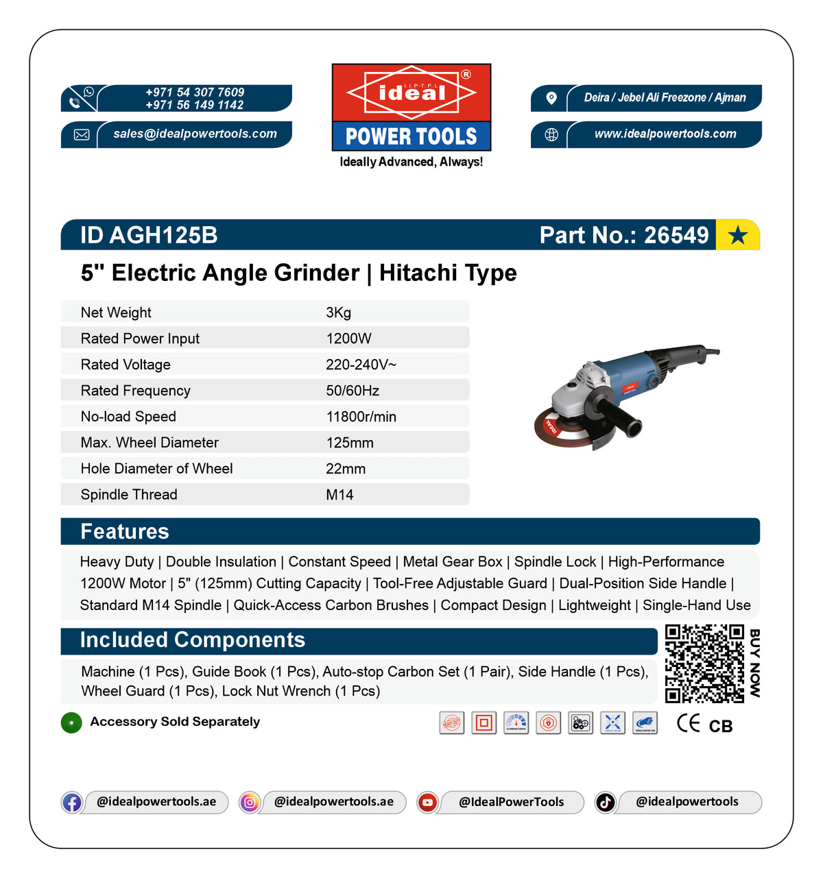 A white technical specification sheet for an Ideal Power Tools 5" Electric Angle Grinder (Model AGH125B). The sheet features the red and blue Ideal logo at the top, product specifications on the left, a photo of the black and red angle grinder on the right, a list of included accessories at the bottom, and a QR code.
