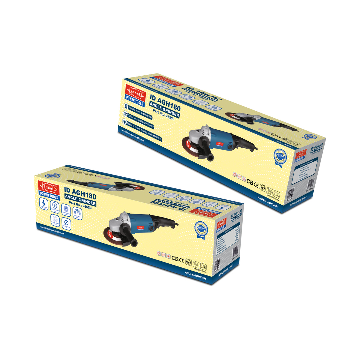 Two retail boxes of a cordless angle grinder shown on a plain white background. The packaging is predominantly pale yellow with blue and red branding and a printed photo of the grinder.