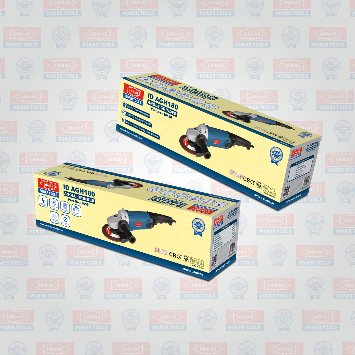 Two retail boxes of ID AGH180 Angle Grinder shown on a light gray background with a faint repeating Ideal Power Tools watermark