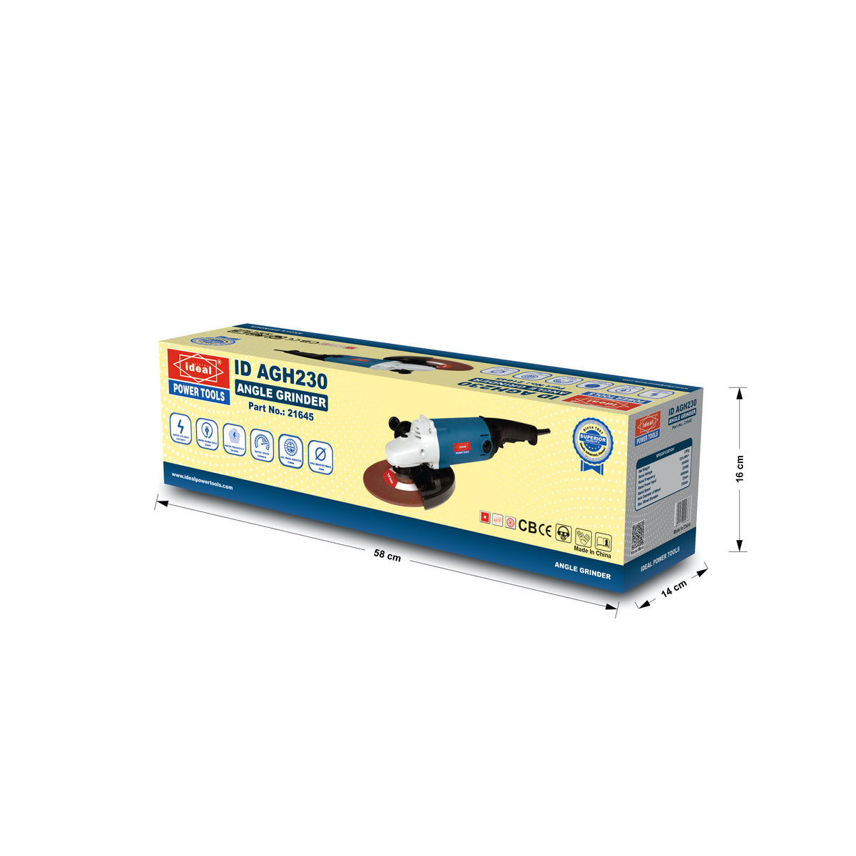 A boxed angle grinder shown on a plain white background, with printed dimensions around it. The package is mostly yellow and blue, and the grinder pictured on the box is teal, black, and red.