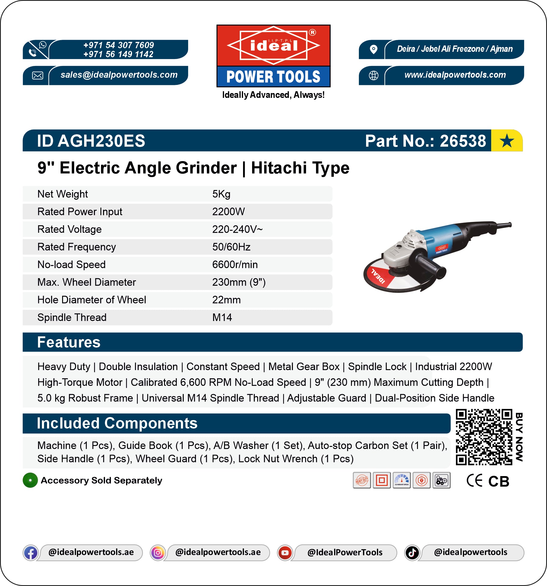 A product information card for an Ideal Power Tools 9-inch Electric Angle Grinder in black and red, designed for a Hitachi type motor. The card features a detailed specification table, a list of included components, a QR code, and contact information for Ideal Power Tools.