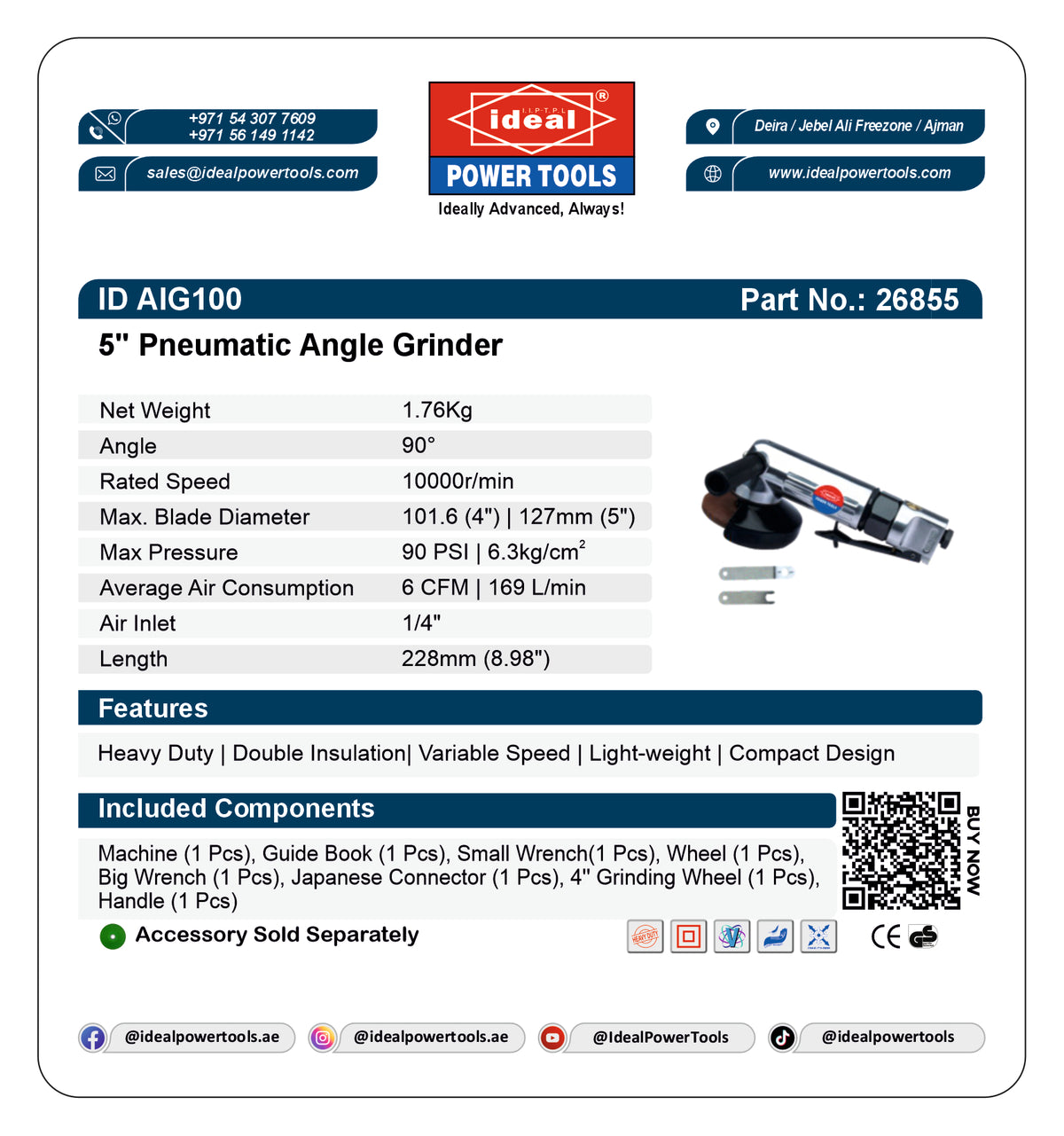 Product card for 5" Pneumatic Angle Grinder (ID AIG100) with specifications and branding details.