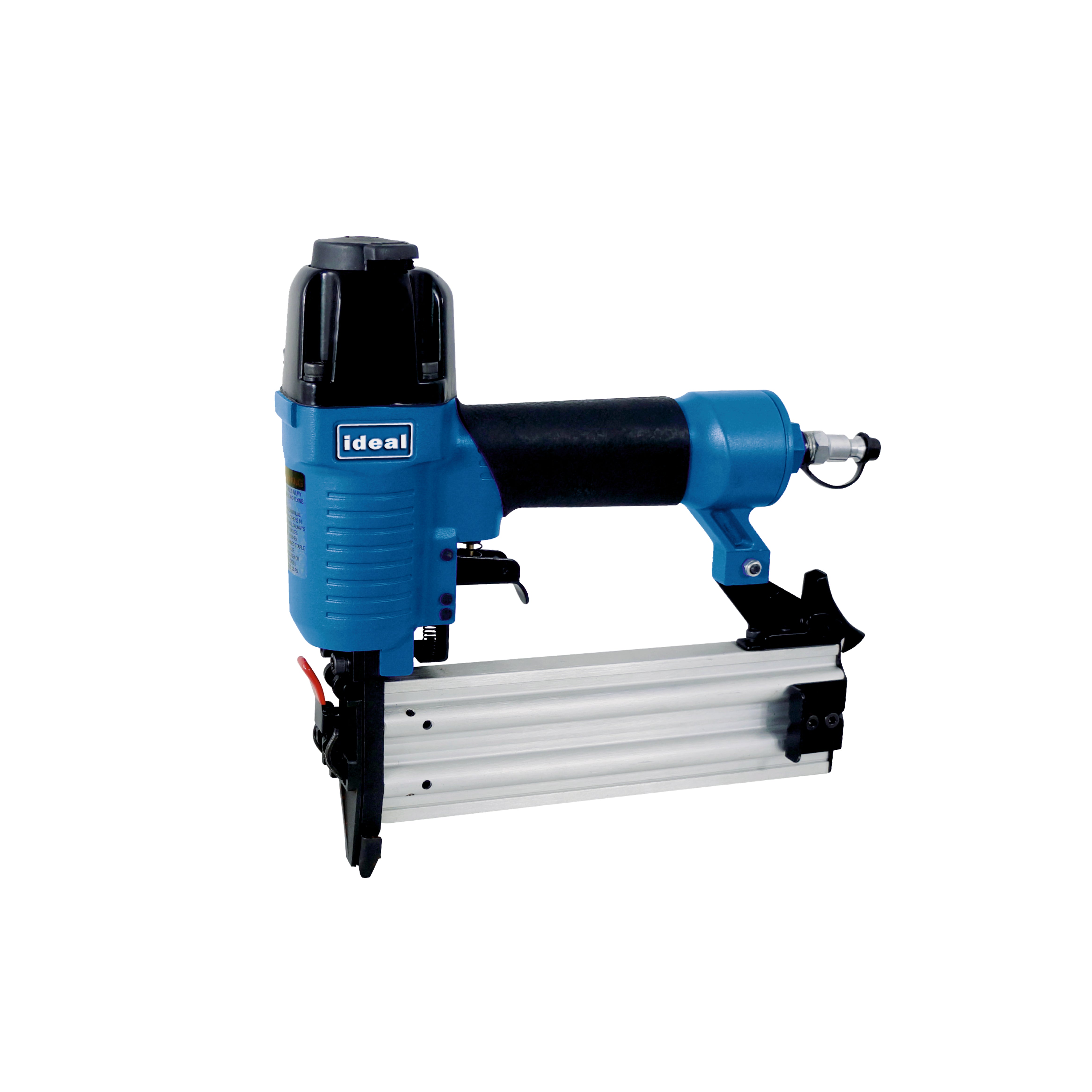 Blue and black Ideal nail gun on a white background