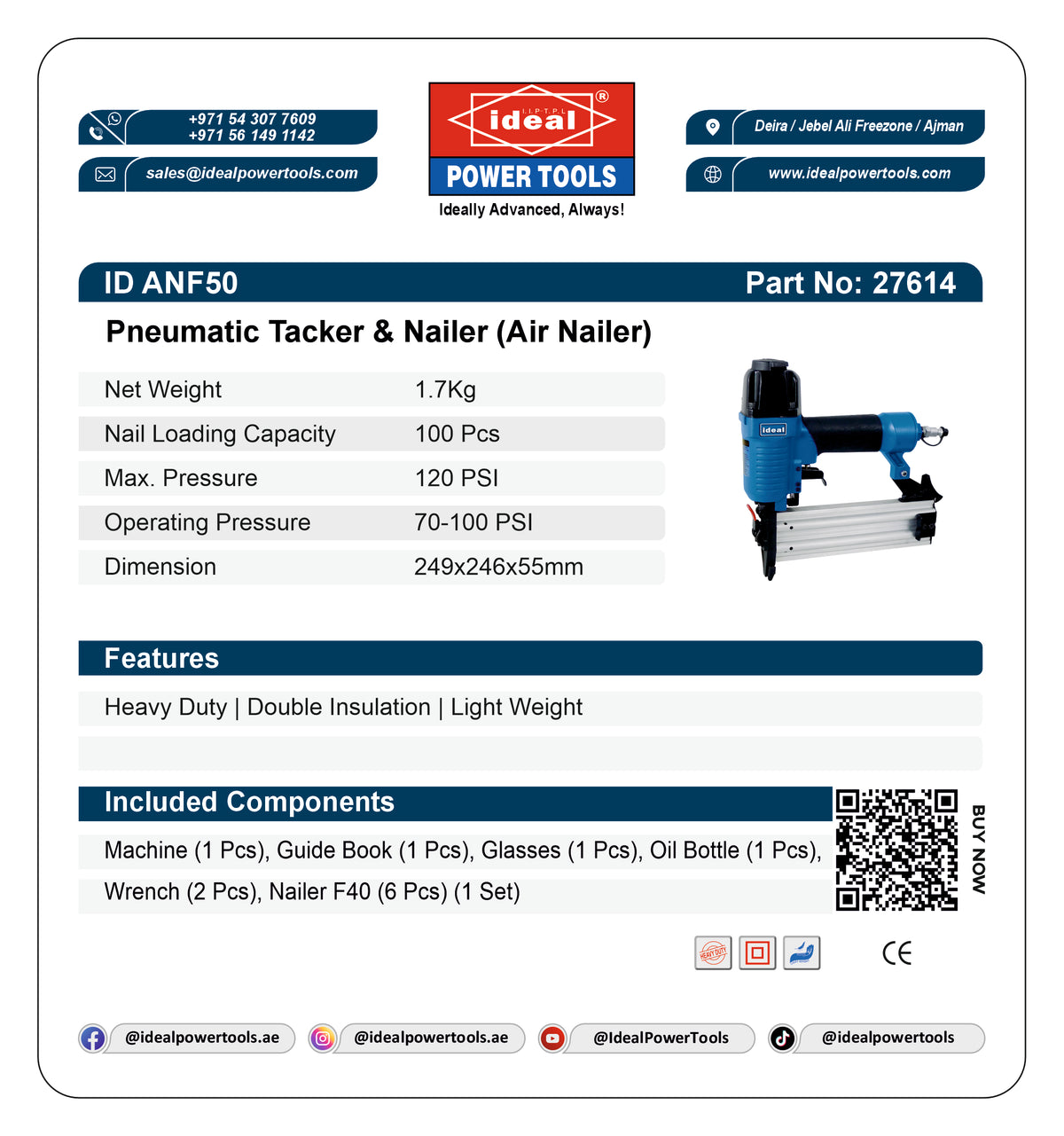 Product label for a pneumatic tacker & nailer with specifications and branding details.