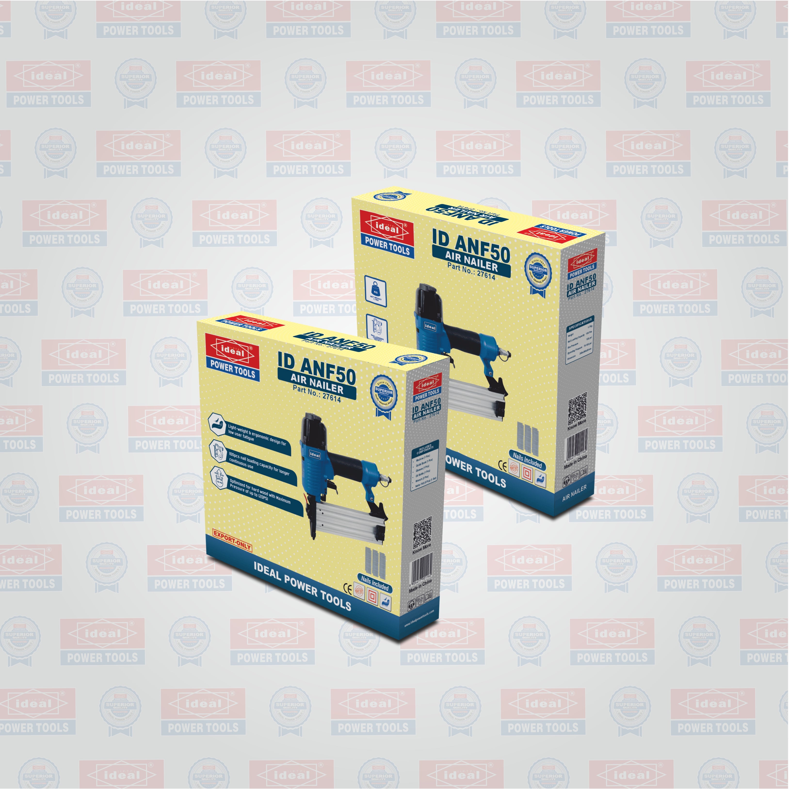 Two boxes of ID ANF50 air nailer on a branded background