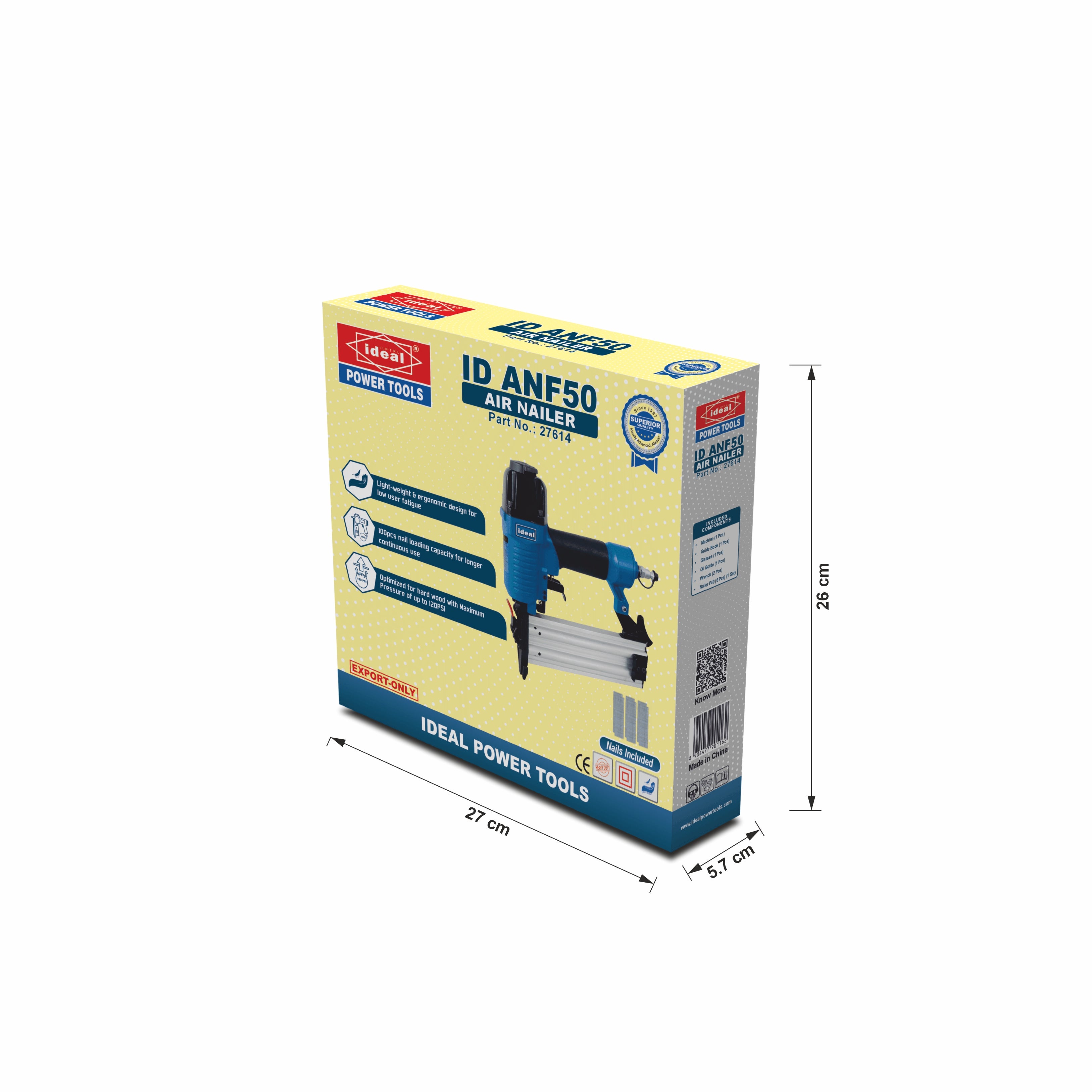 Box of Ideal Power Tools air nailer with dimensions on a white background