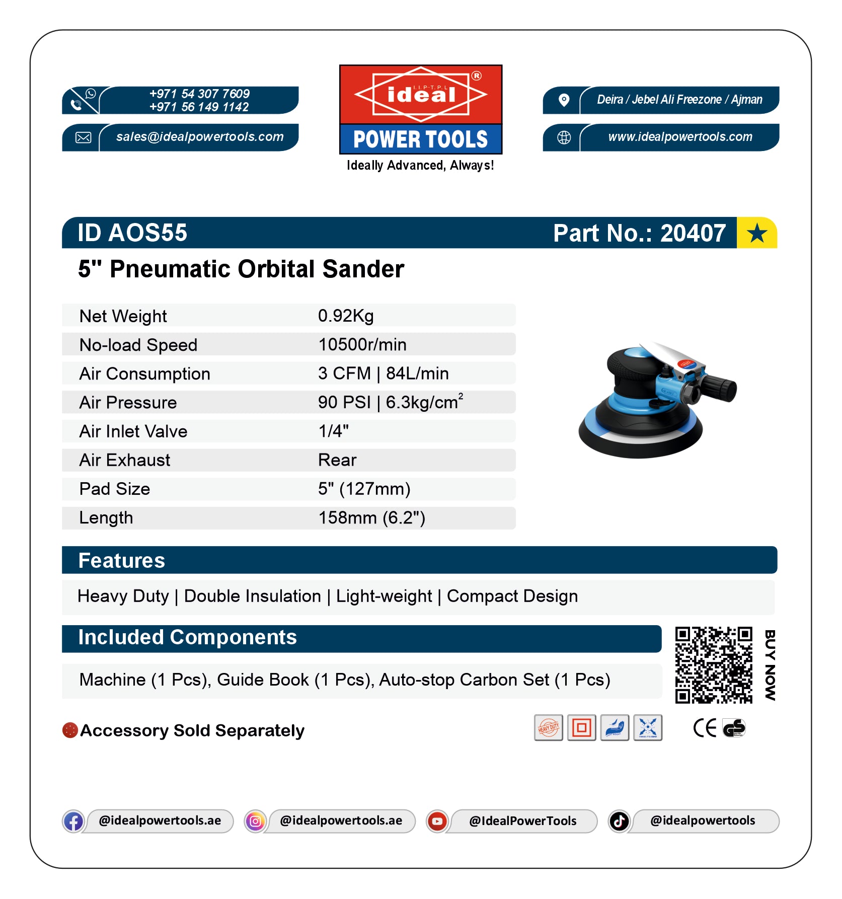 Product card for 5" Pneumatic Orbital Sander ID AOS55 with specifications and branding details.