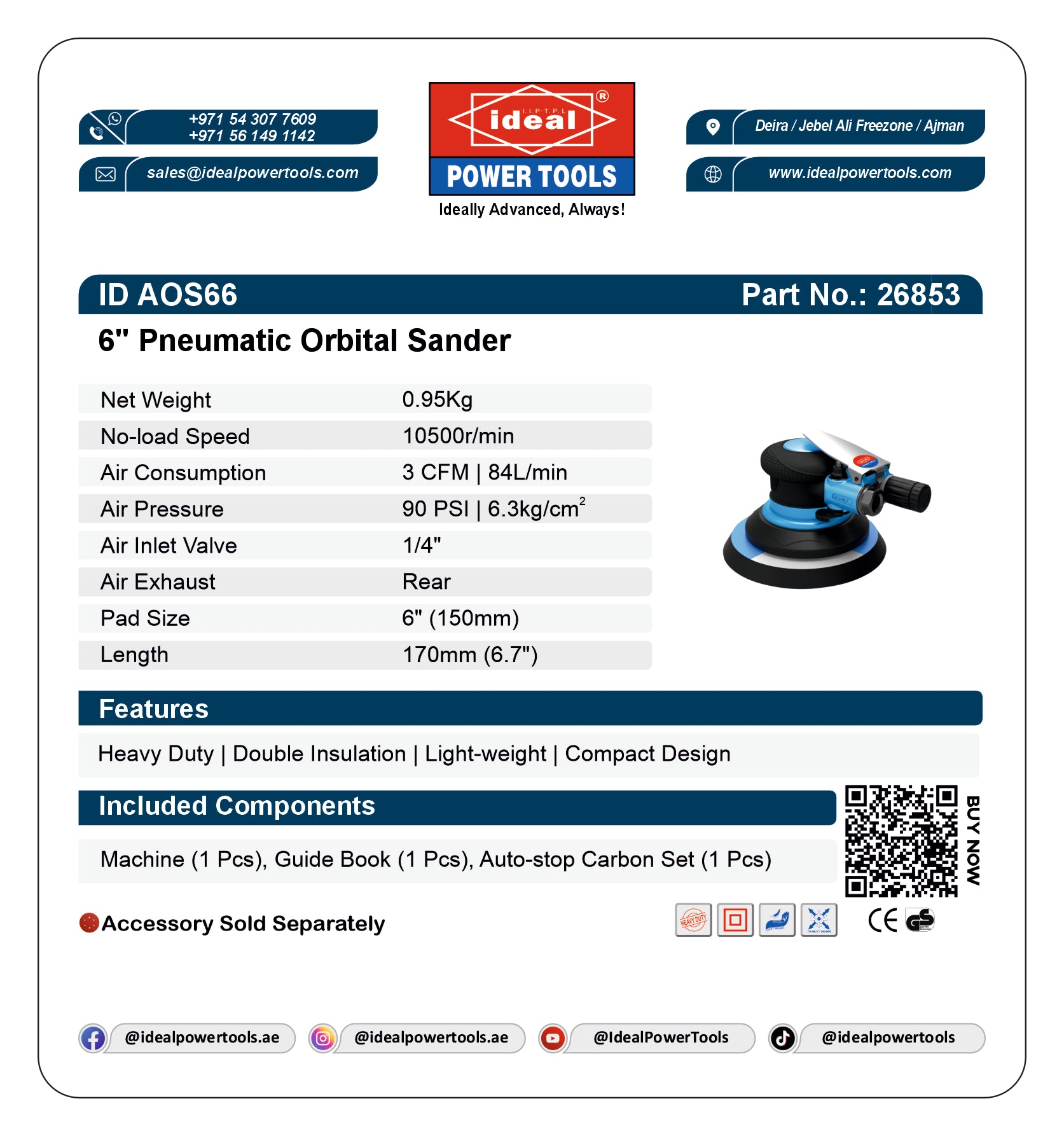 Product card for 6" Pneumatic Orbital Sander with specifications and branding details.