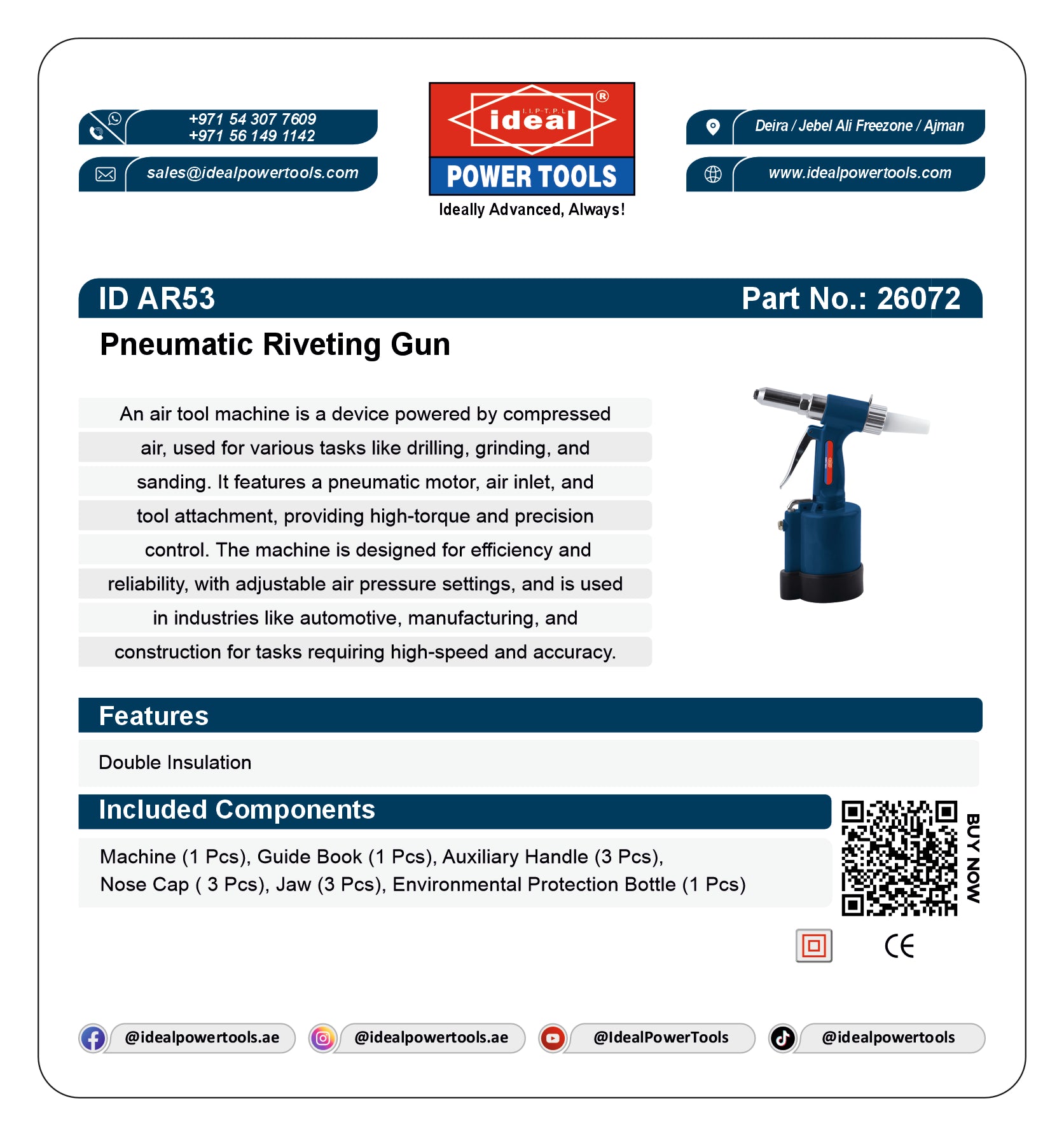 Product card for Pneumatic Riveting Gun with Ideal Power Tools branding and specifications.