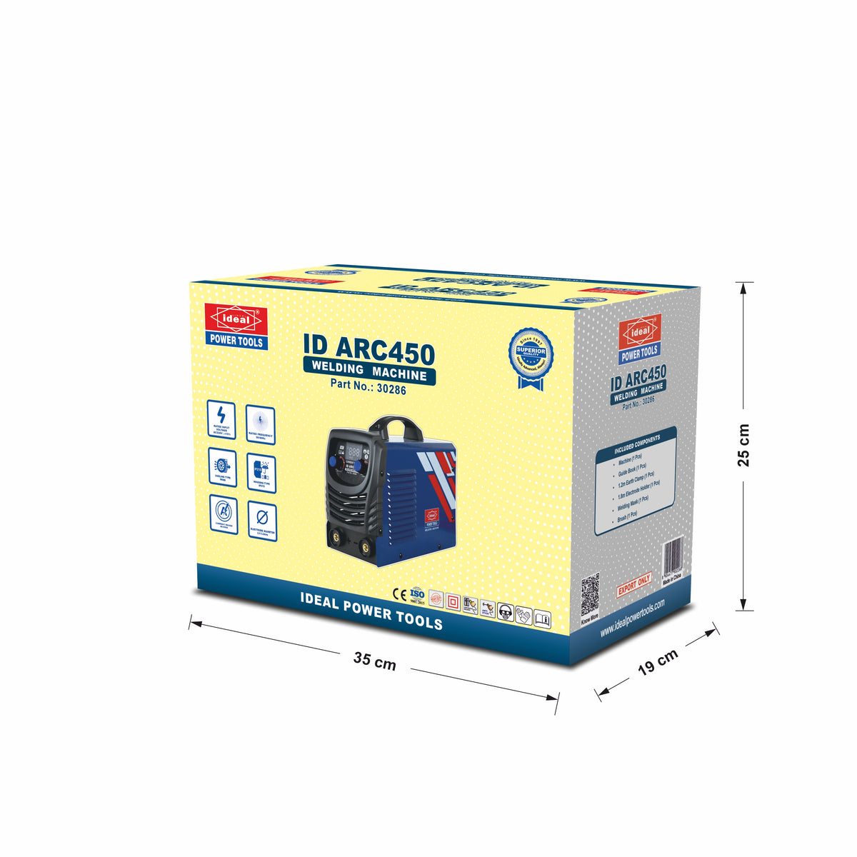 Box packaging of IDEAL Power Tools ID ARC450 welding machine with dimensions on a white background