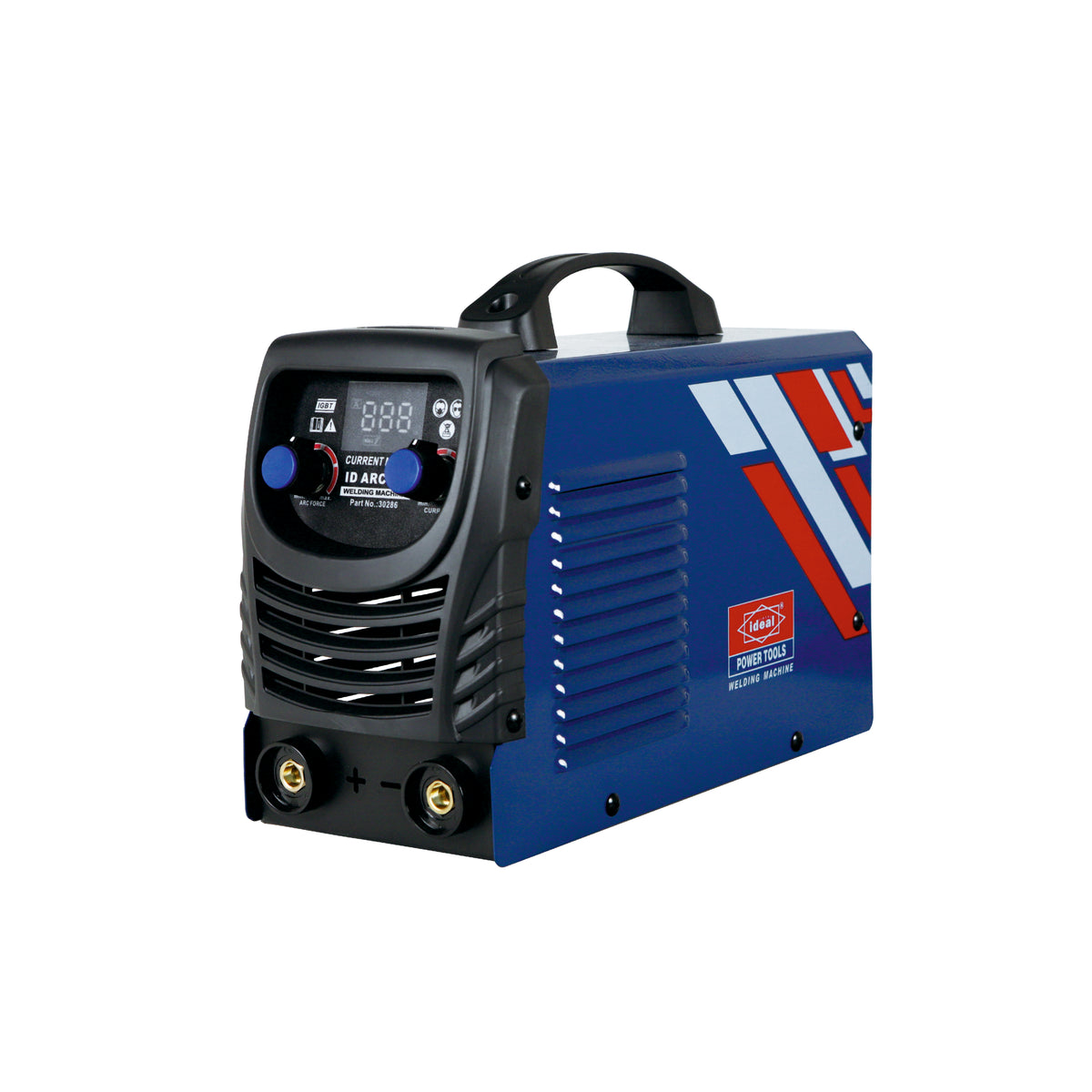 Blue and black electric welding machine with digital display on a white background