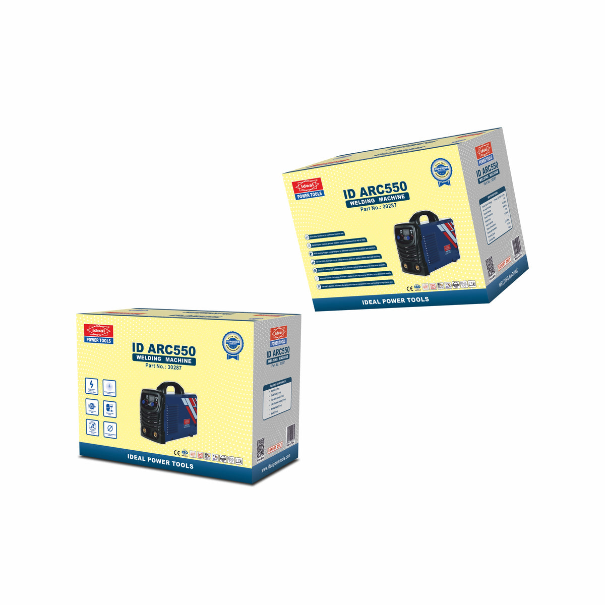 Two boxes of IDEAL Power Tools ID ARC550 welding machine on a white background