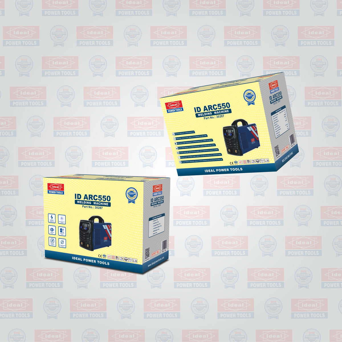 Two boxes of IDEAL Power Tools ID ARC550 welding machine on a branded background.