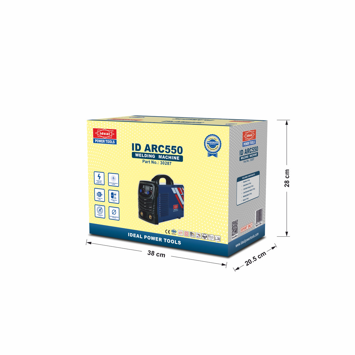 Box packaging of an ID ARC550 welding machine with dimensions on a white background