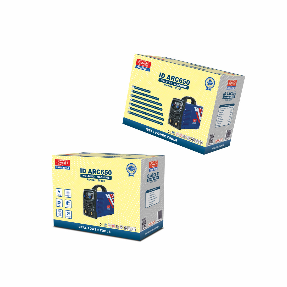 Two boxes of IDEAL Power Tools ID ARC650 welding machine on a white background