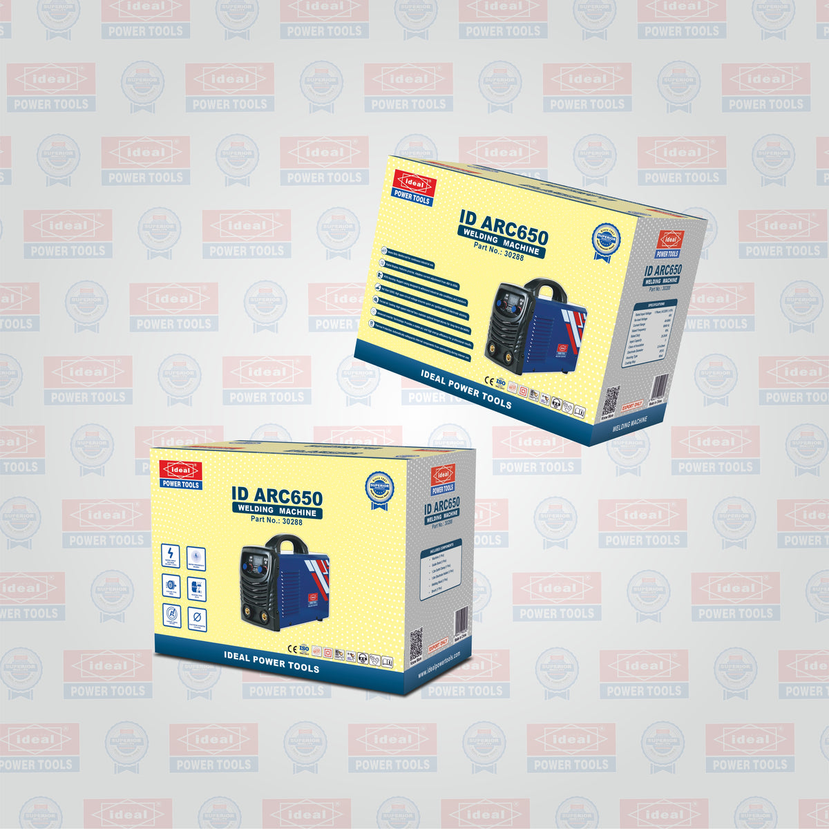 Two boxes of IDEAL Power Tools ID ARC650 welding machine on a light gray background with brand logos.